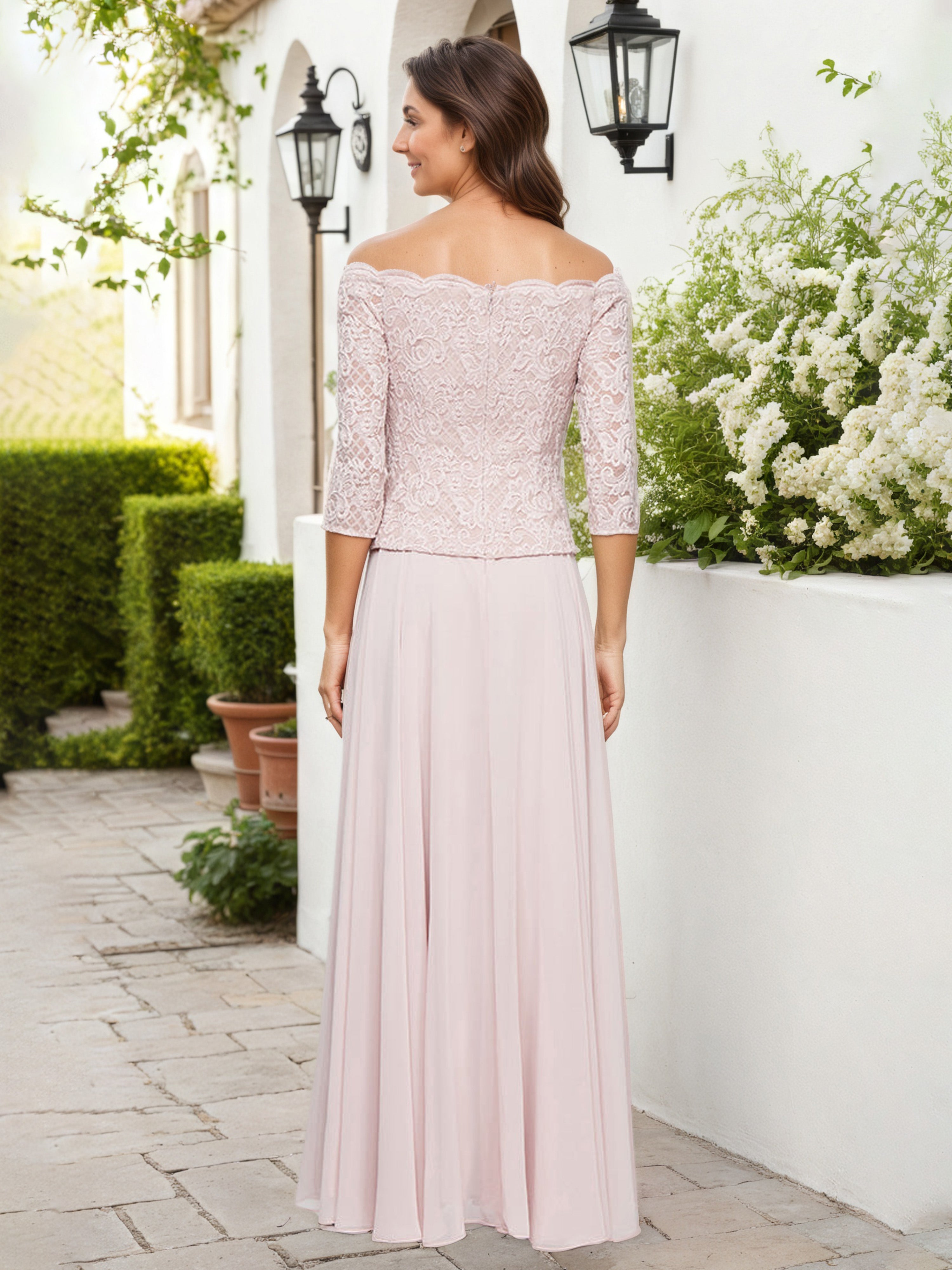 Blush Off-the-Shoulder Chiffon Mother of the Bride Dress with Lace Top