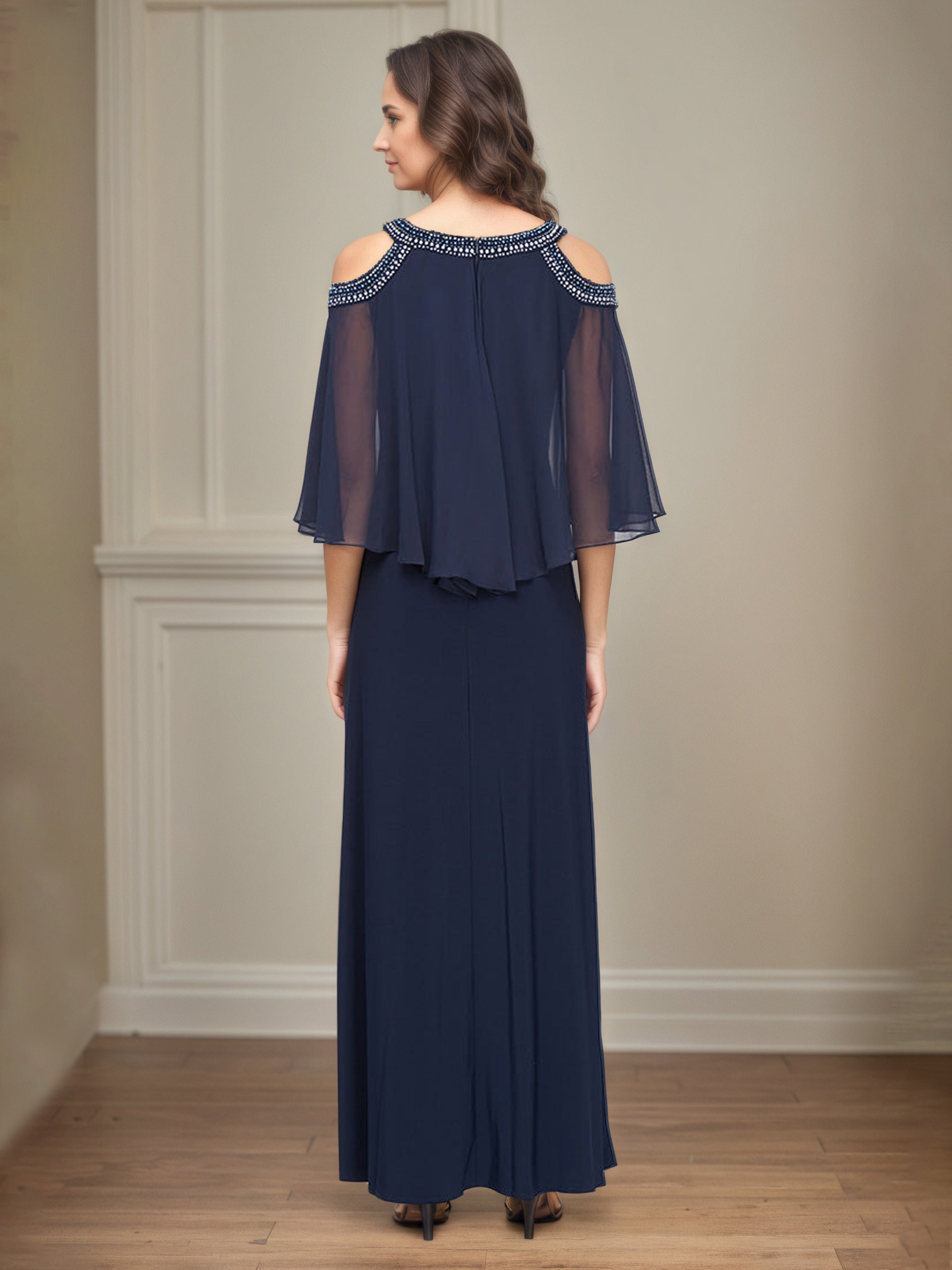 Dark Navy Mother Of The Bride Dress Cold Shoulder with Beaded Neckline Chiffon Gown