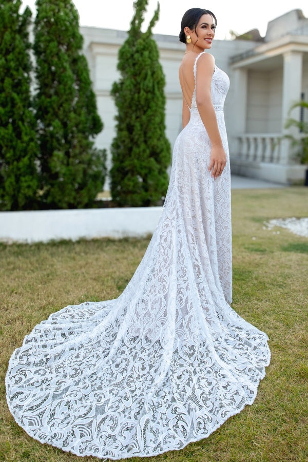 Sheath Low V Neck Spaghetti Straps Sleeveless Fully Lace Open Back Boho Wedding Gown Beach Bride Dress with Court Train