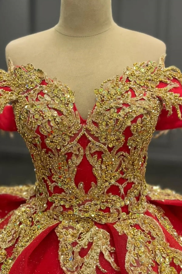Quinceanera Dresses Off Shoulder Sleeveless Fully Gold Beaded Sequins Appliques Lace Up Sparkly Red Tulle