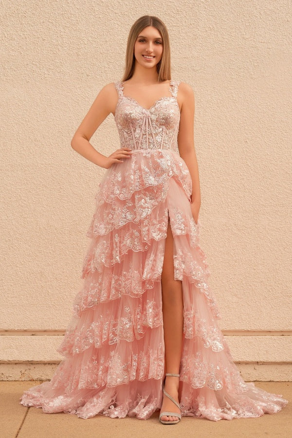 Chic & Modern A-Line V Neck Straps Sleeveless Lace Sequins Appliques Tiered Prom Dresses Dress Evening Party Gown Cocktail Dress