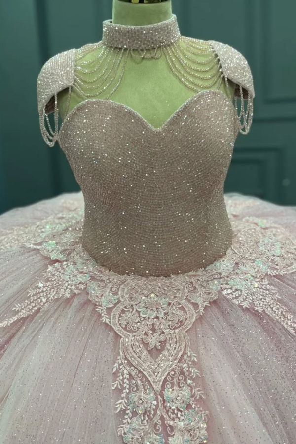 Ball Gown Sweetheart Neck Cap Sleeves Beaded Appliques Baby Pink Tulle Quinceanera Dress Formal Evening Gown for Sweet 16