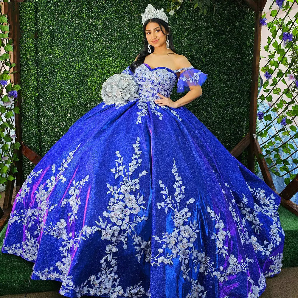 Gorgeous Ball Gown Off Shoulder Floral Lace Appliques Beaded Royal Blue Tulle Quinceanera Dress Princess Evening Party for Sweet 16