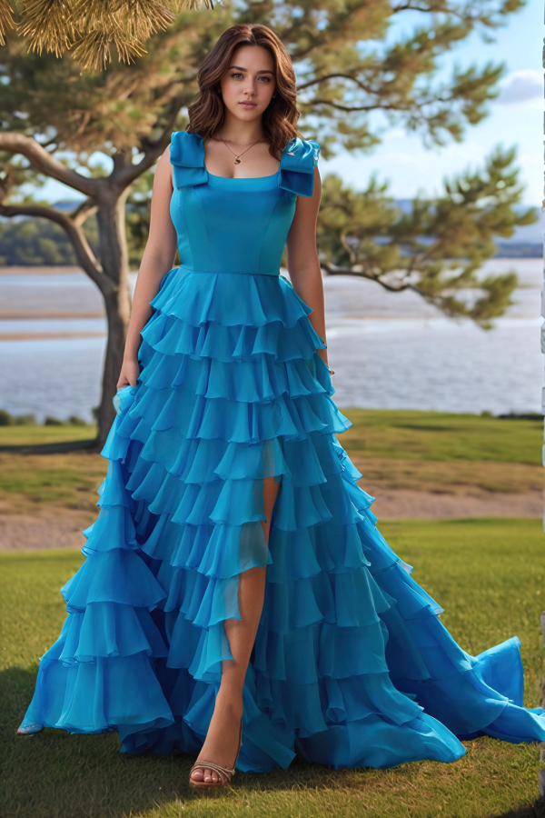 Gorgeous A-Line Square Neck Straps Sleeveless Chiffon Tiered Prom Dresses Party Dress High Side Slit and Train Evening Formal Dress
