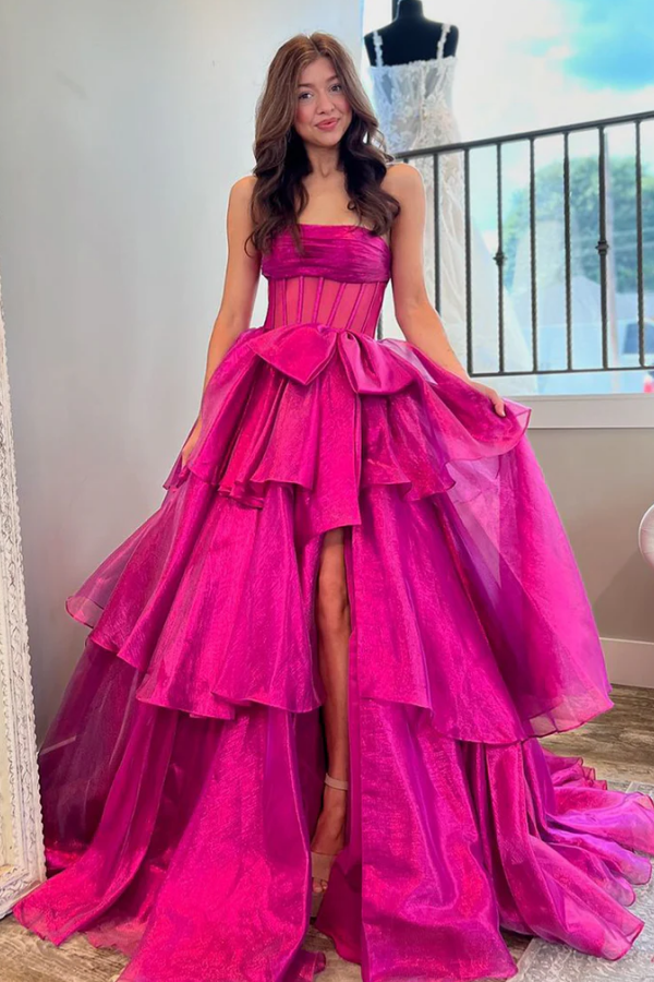 Sexy & Cute A-Line Strapless Sleeveless Tulle Tiered Party Prom Dresses Dress High Side Slit Bow Knot Evening Formal Gown Wedding Guest Dress