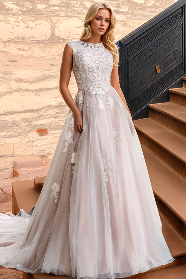 Classic A-Line Scoop Neck Cap Sleeves Appliques Back Zipper Button Sweep Train Tulle Wedding Gown Beach Bride Dress