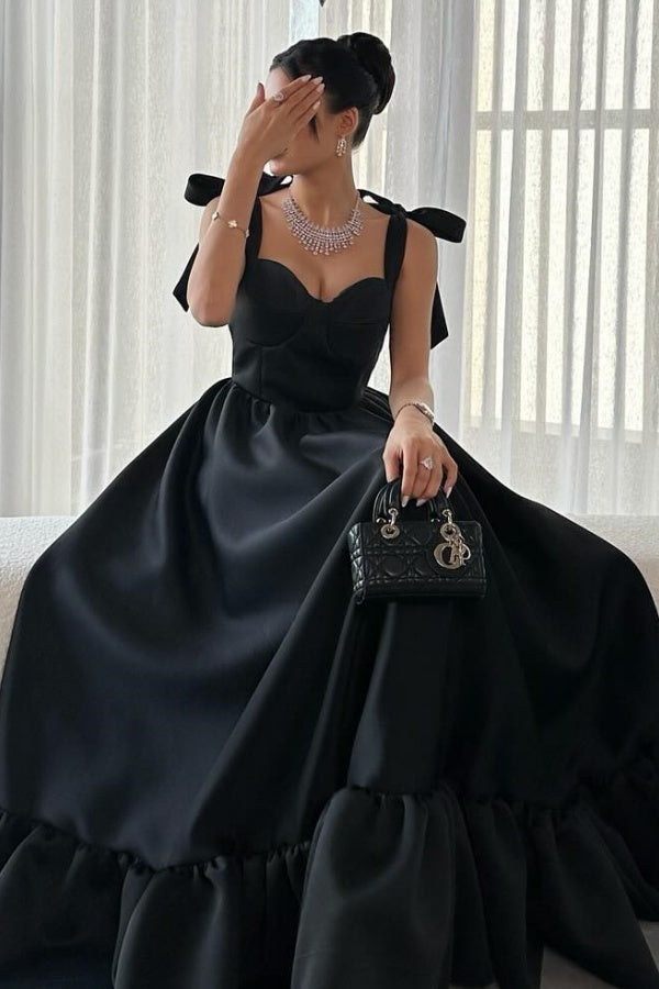 Classic & Simple A-Line Sweetheart Neck Straps Sleeveless Prom Dresses Party Dress Black Satin Floor Length Evenng Gown Wedding Guest Dress