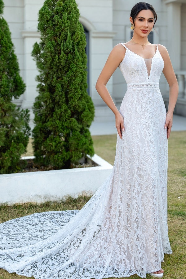 Sheath Low V Neck Spaghetti Straps Sleeveless Fully Lace Open Back Boho Wedding Gown Beach Bride Dress with Court Train