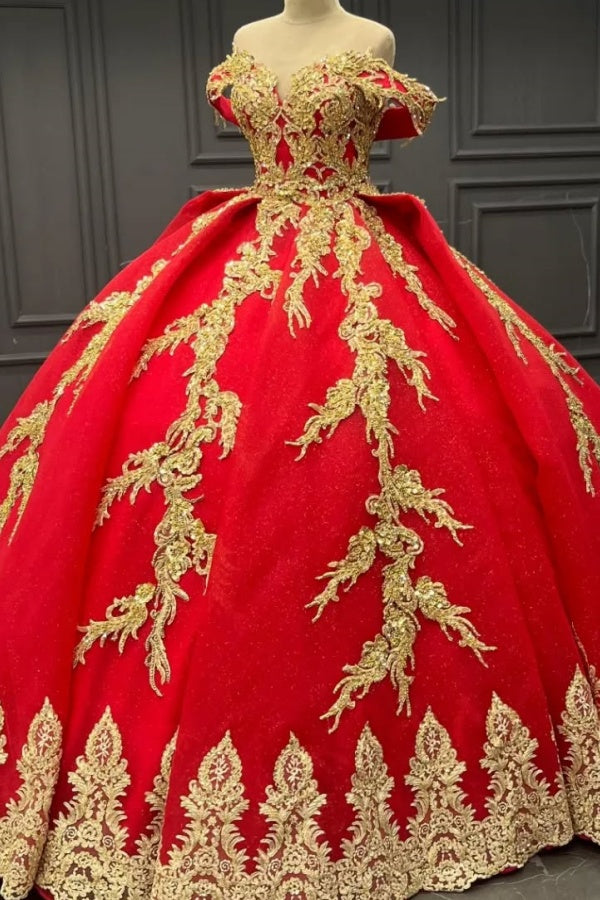 Quinceanera Dresses Off Shoulder Sleeveless Fully Gold Beaded Sequins Appliques Lace Up Sparkly Red Tulle