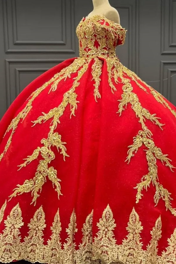 Quinceanera Dresses Off Shoulder Sleeveless Fully Gold Beaded Sequins Appliques Lace Up Sparkly Red Tulle