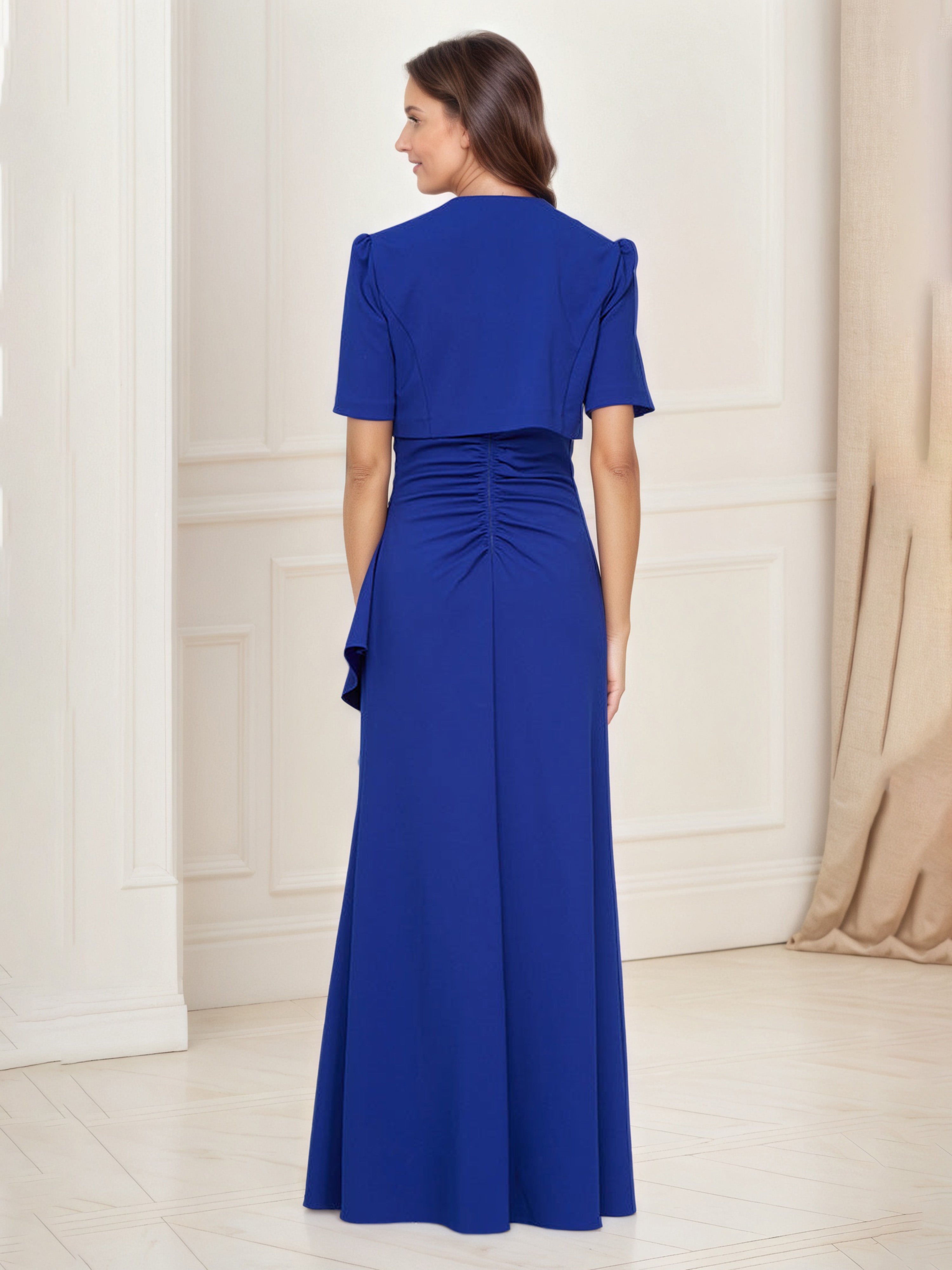 Royal Blue Sheath Mother of the Bride Dress with Embellished Square Neck, Ruffles, and Matching Jacket