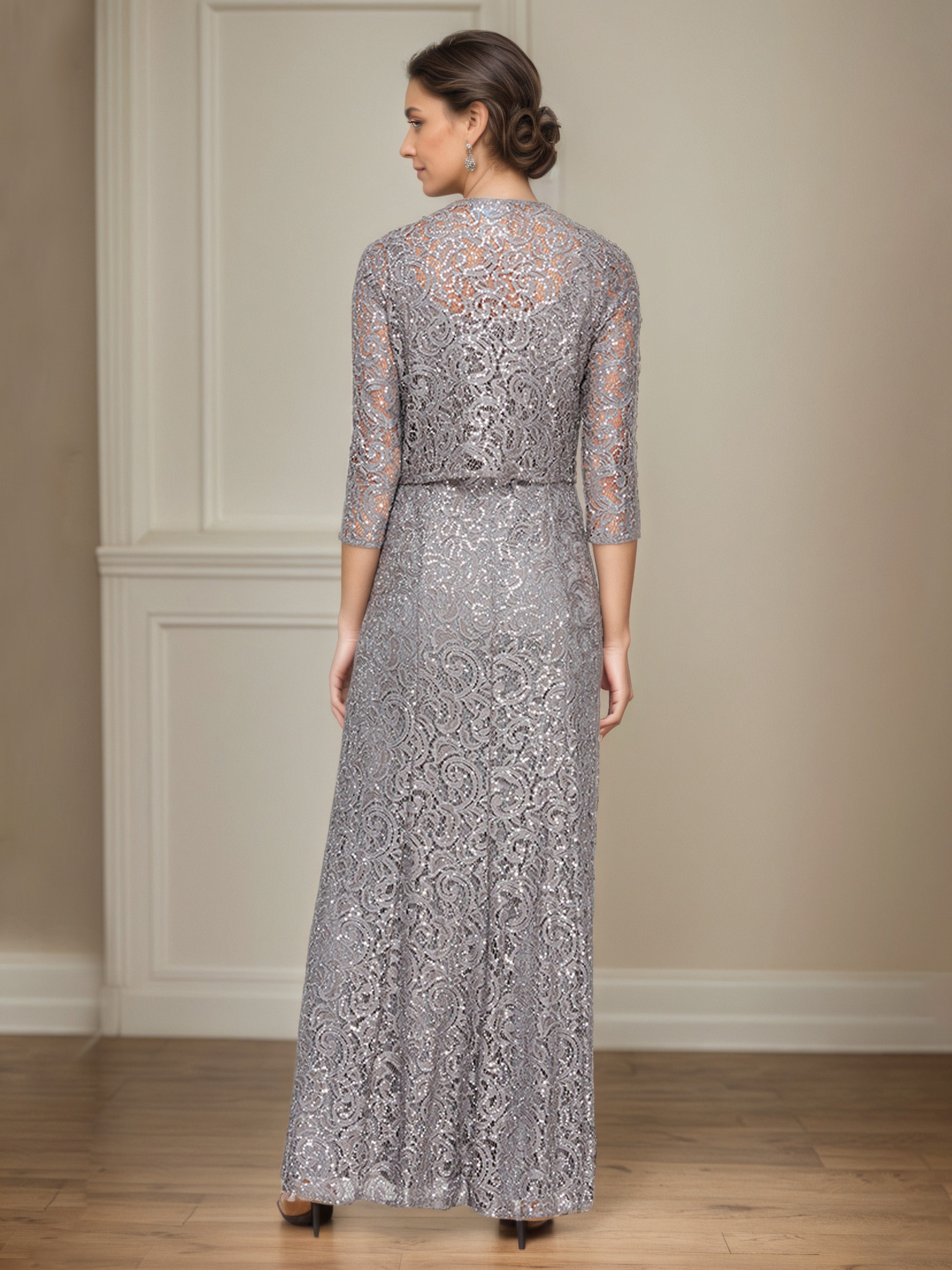 Gray Lace A-Line Mother Of The Bride Dress with 3/4 Length Sleeves Illusion Jacket
