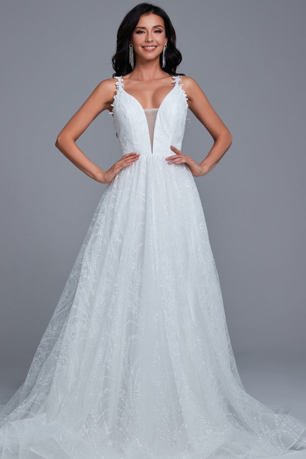 Glamorous & Glitter A-Line Low V Neck Spaghetti Straps Appliques Tulle Wedding Dress Lace Up Floor Length Bride Gown