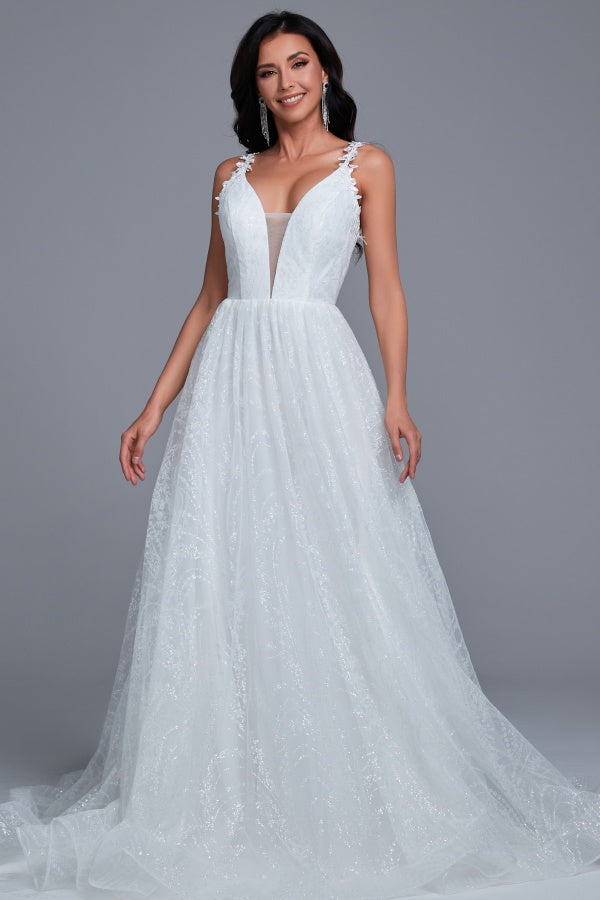 Glamorous & Glitter A-Line Low V Neck Spaghetti Straps Appliques Tulle Wedding Dress Lace Up Floor Length Bride Gown