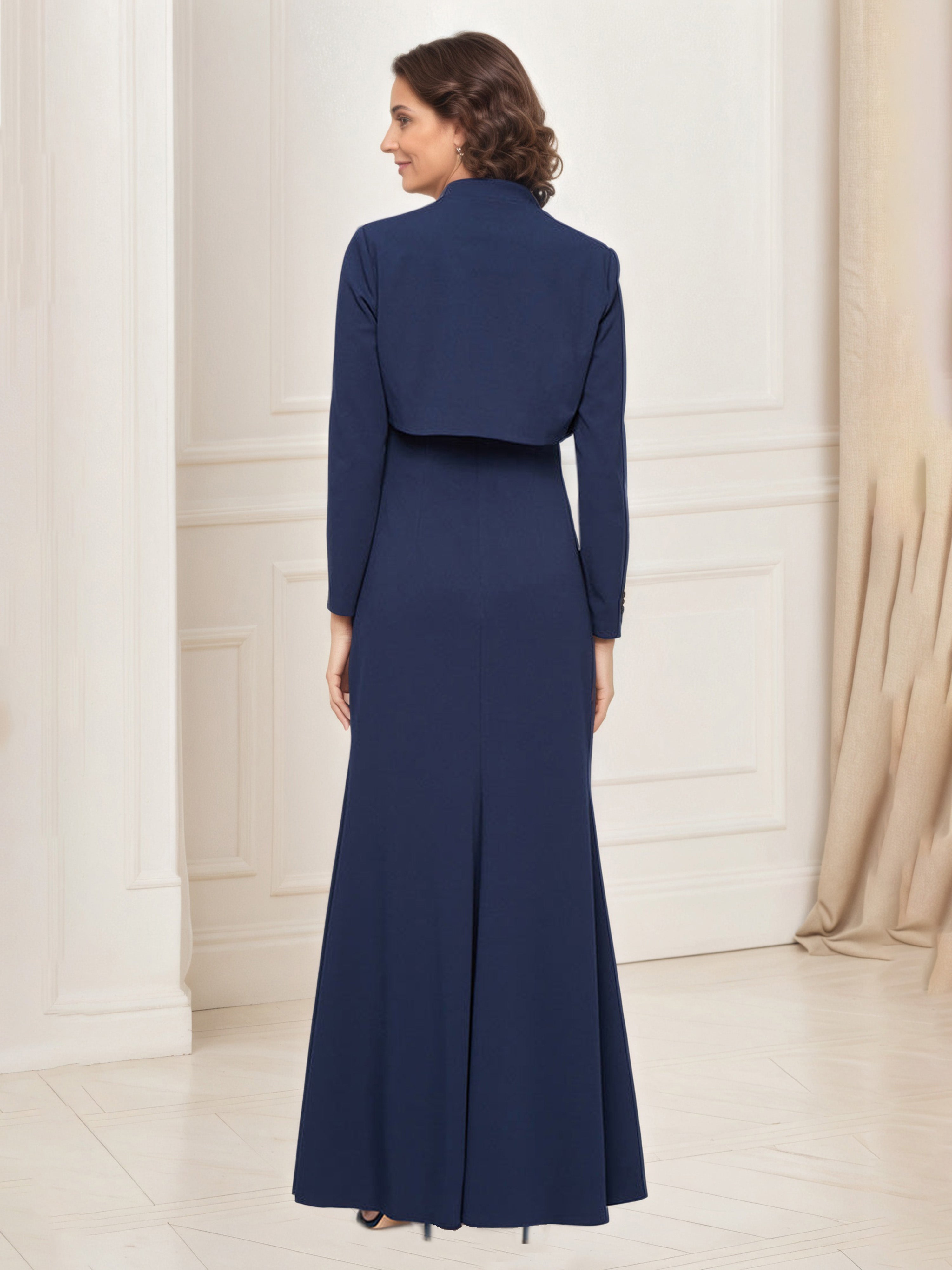 Dark Navy Sheath Mother of the Bride Dress with Flower Neckline Detail and Matching Jacket