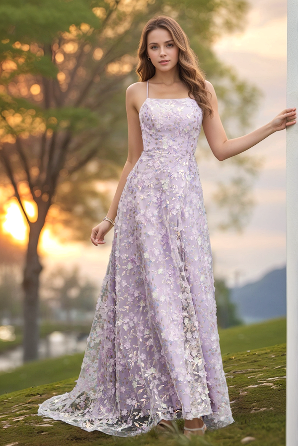 Chic & Sexy Light Purple A-Line Strapless Spaghetti Straps Sleeveless Prom Dresses Party Dress 3D Flower Tulle High Side Slit Open Back Evening Party Dress Cocktail Dress