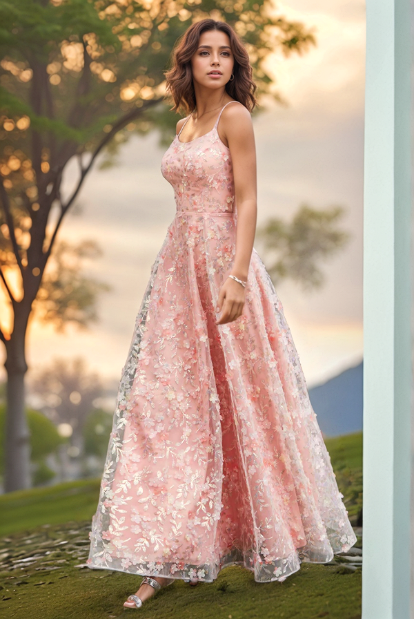 Chic & Modern Pink A-Line Strapless Spaghetti Straps Sleeveless Prom Dresses Party Dress 3D Flower Tulle Open Back Evening Party Dress Cocktail Gown Wedding Guest Dress