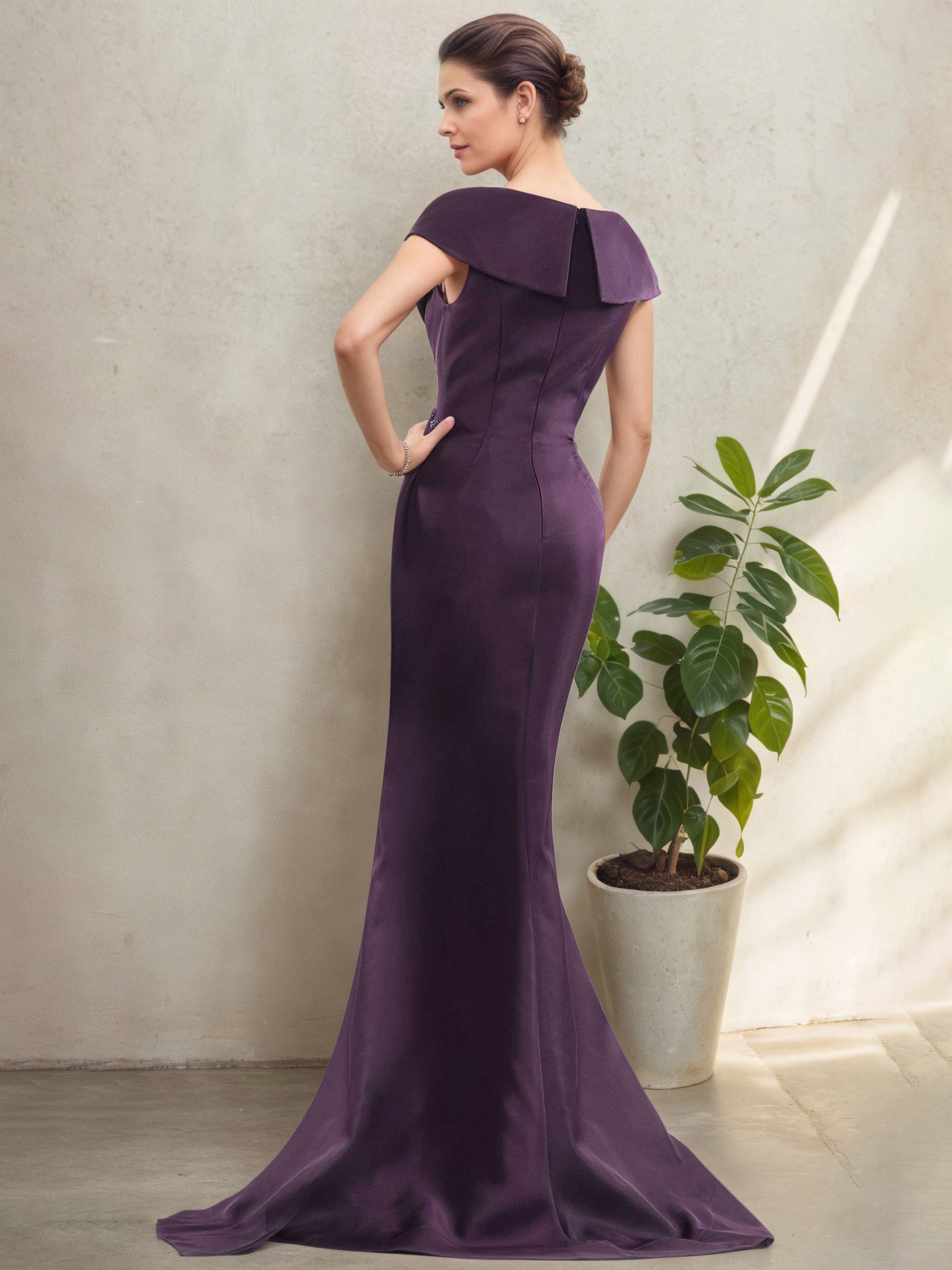 Grape V-Neck Mother of the Bride Dress with Cap Sleeves and Side Ruffle Detail