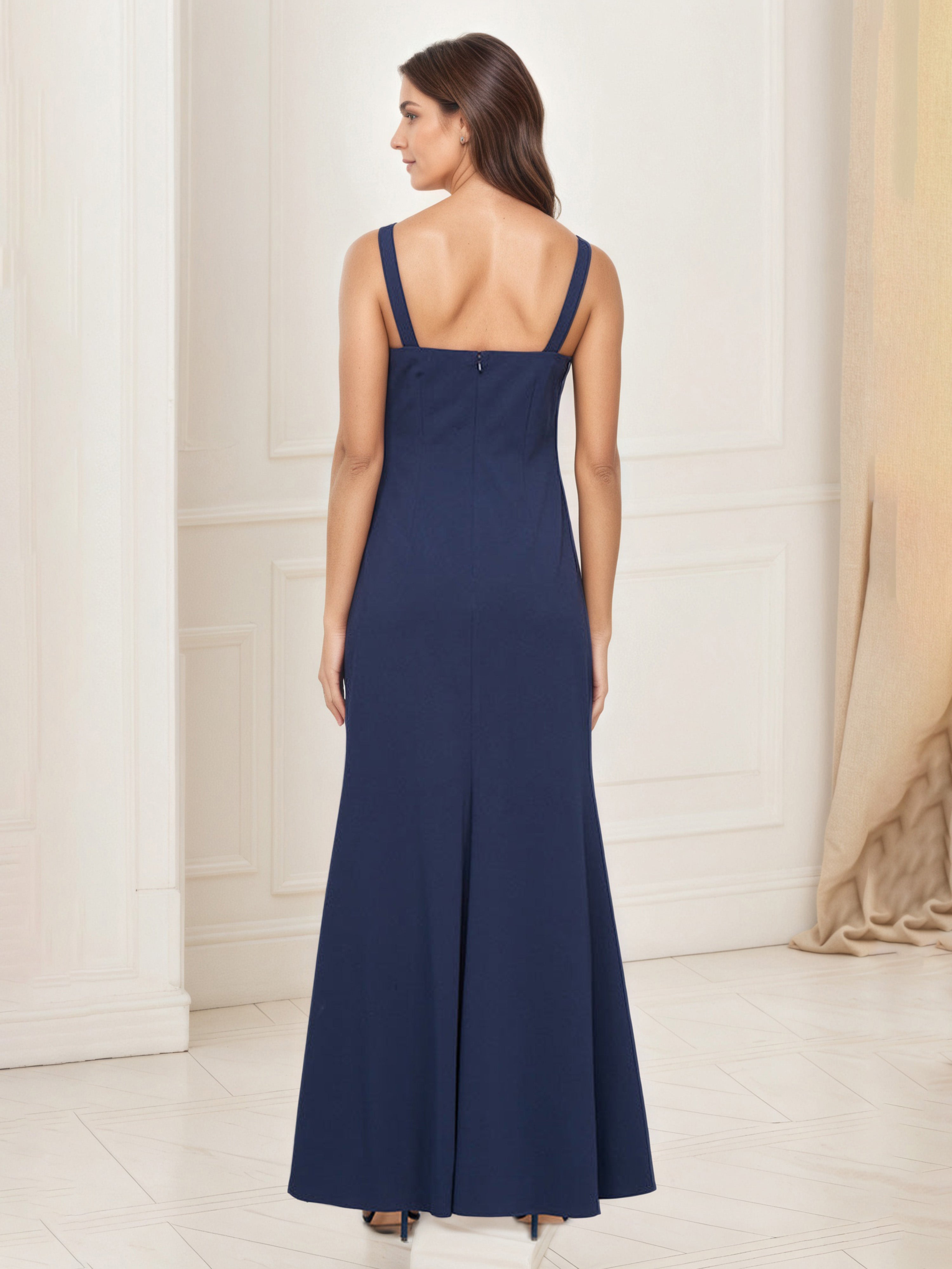 Dark Navy Sheath Mother of the Bride Dress with Flower Neckline Detail and Matching Jacket