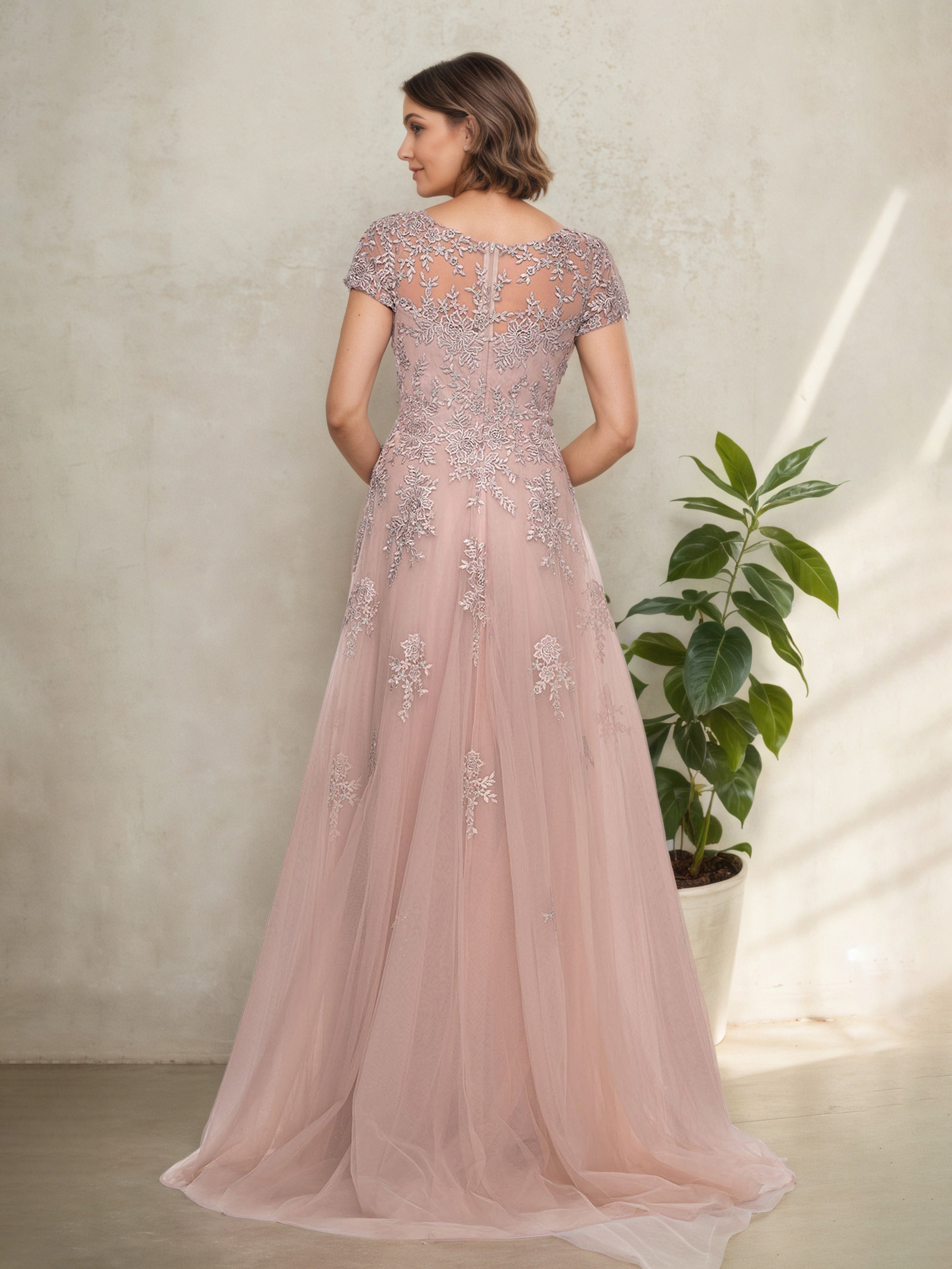 Dusty Rose V-Neck Lace Mother of the Bride Dress with Short Sleeves