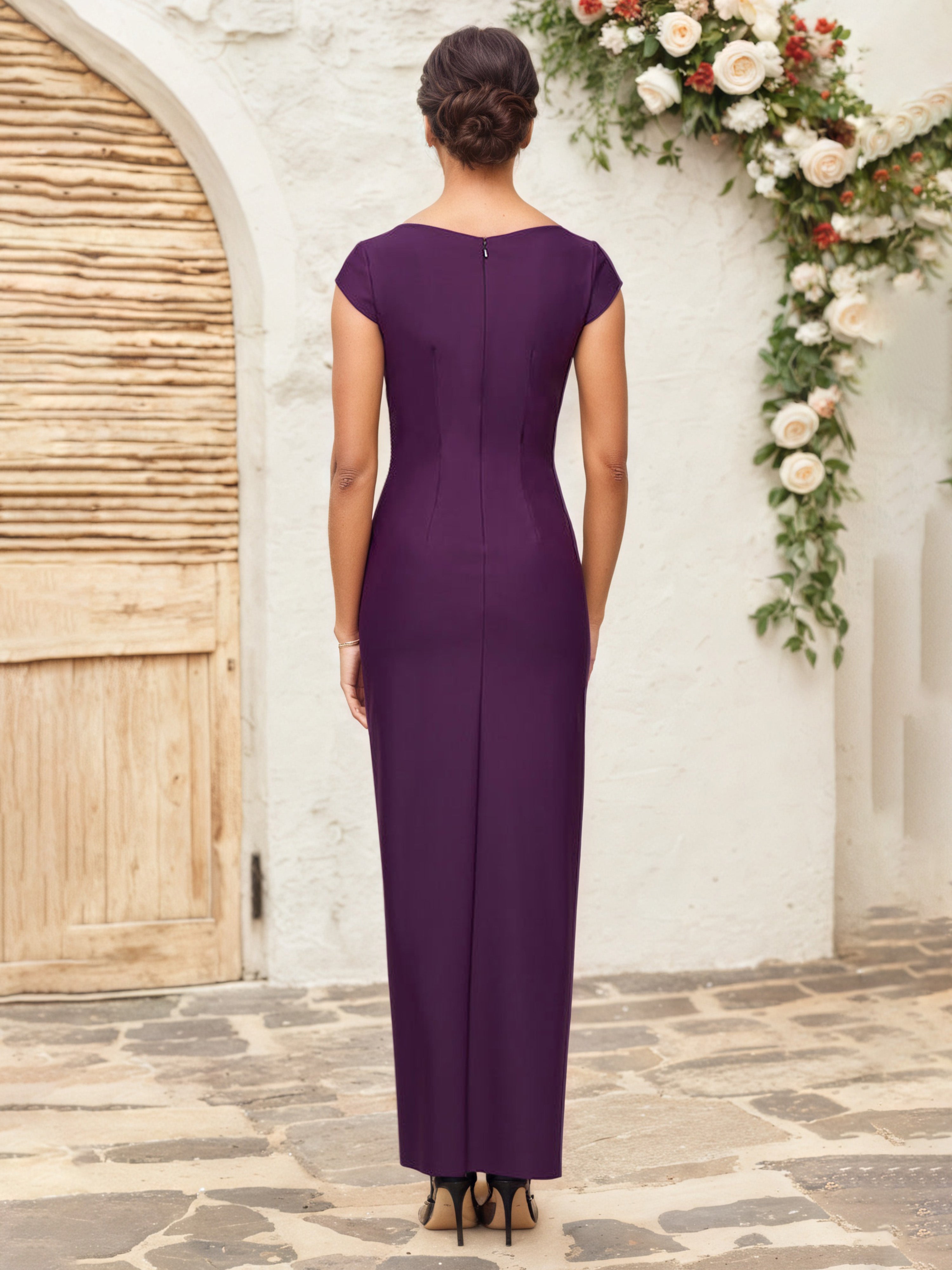 Grape V-Neck Sheath Long Mother of the Bride Dress with Cap Sleeves