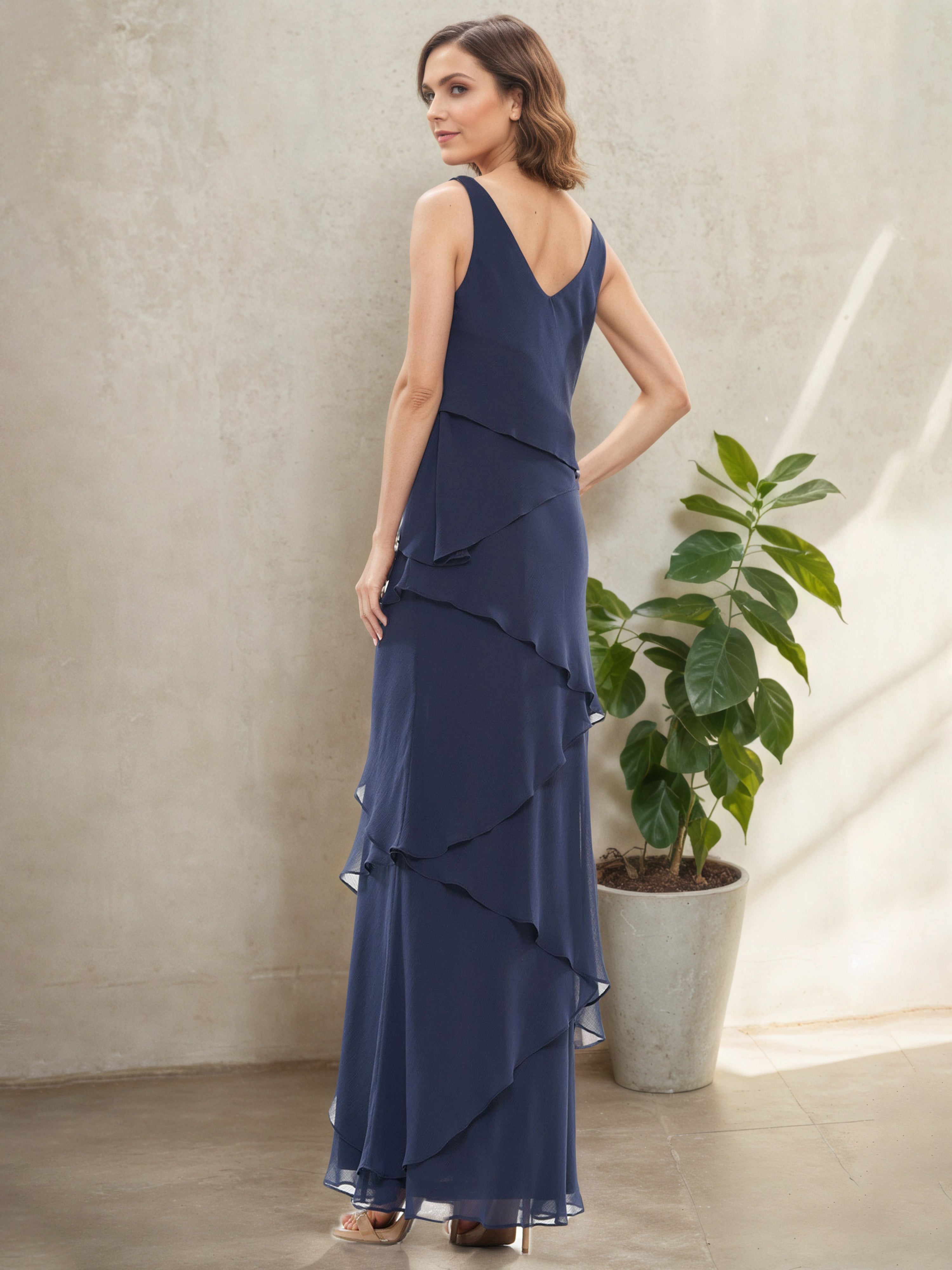 Dark Navy Blue V-Neck Long Sheath Mother of the Bride Dress Suit with Layered 3/4 Sleeves