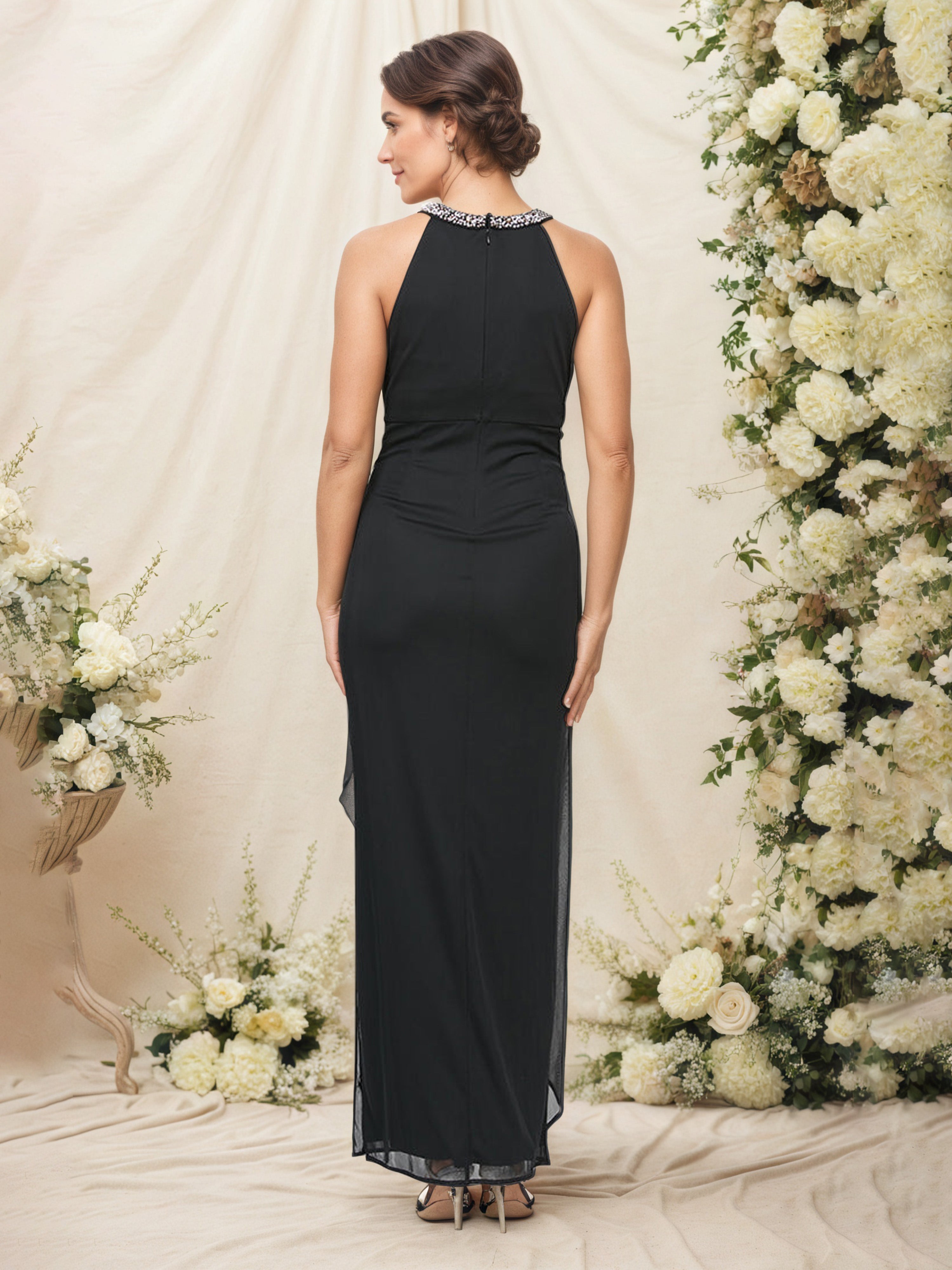 Black Halter Neckline Sleeveless Maxi Chiffon Mother of the Bride Dress with Embellished Details