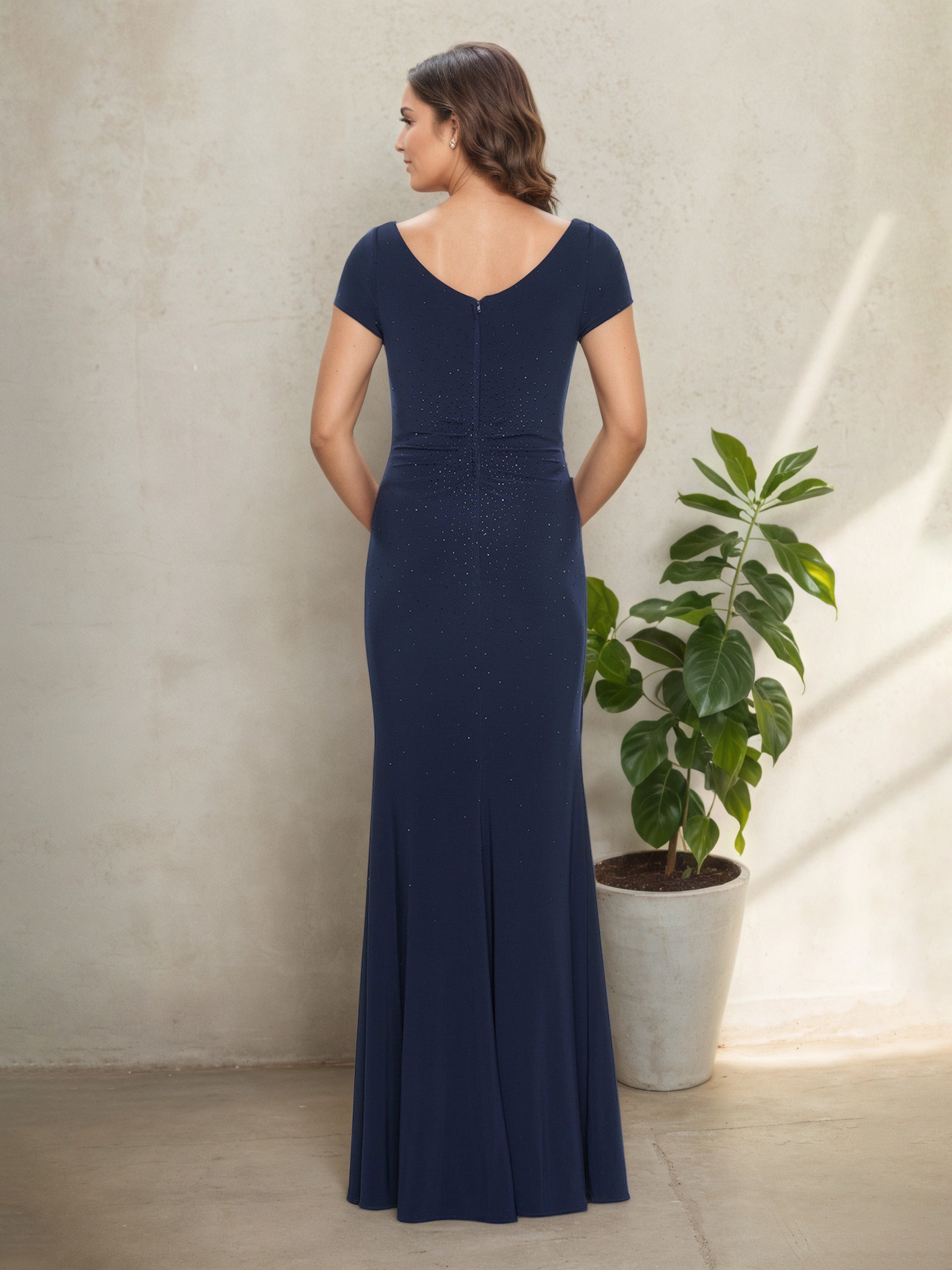 Jewel Neck Floor-Length Sheath Mother of the Bride Dress with Elegant Short Sleeves