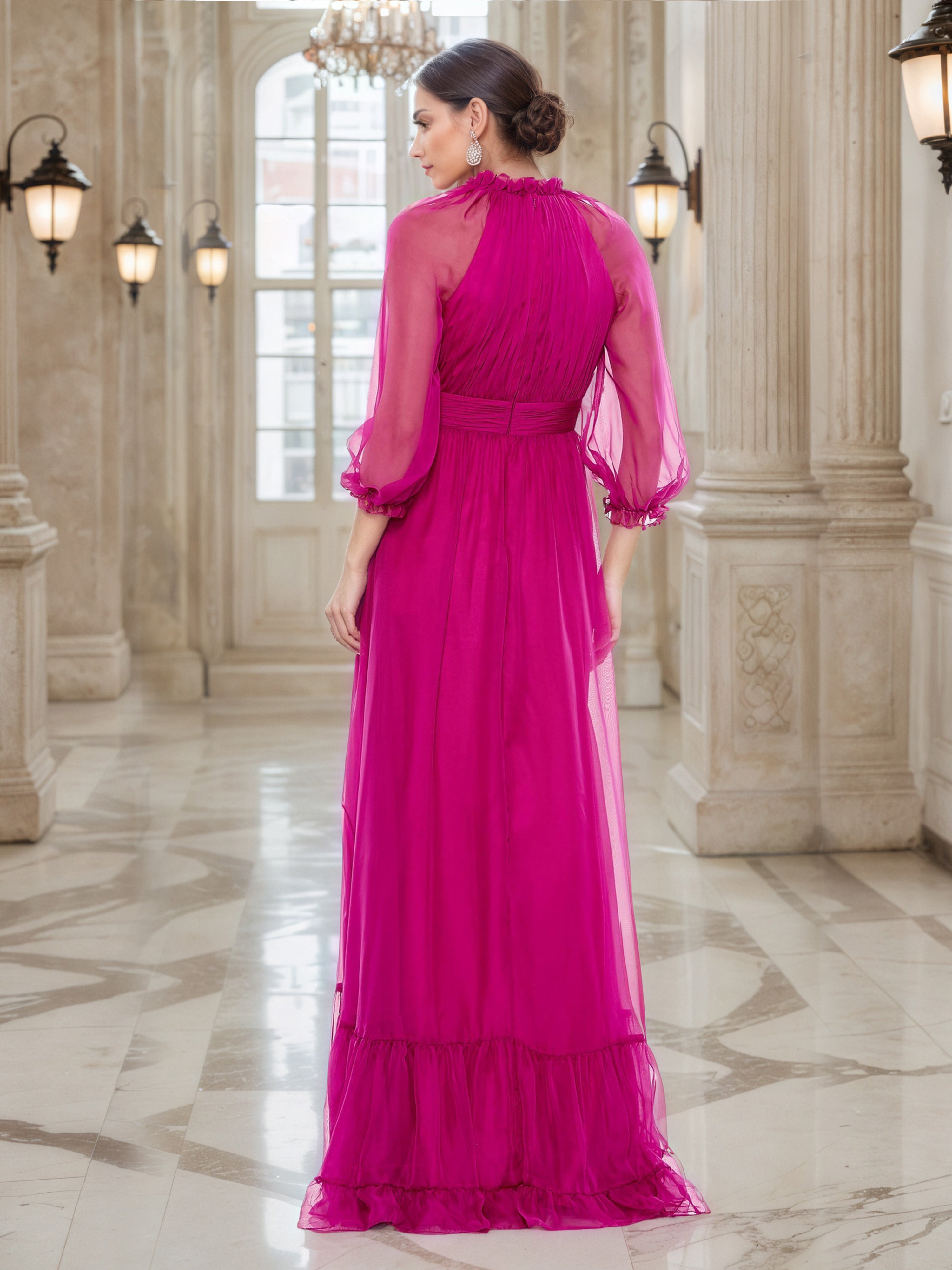 Fuchsia Chiffon A-Line Mother of the Bride Dress with Sheer Long Sleeves