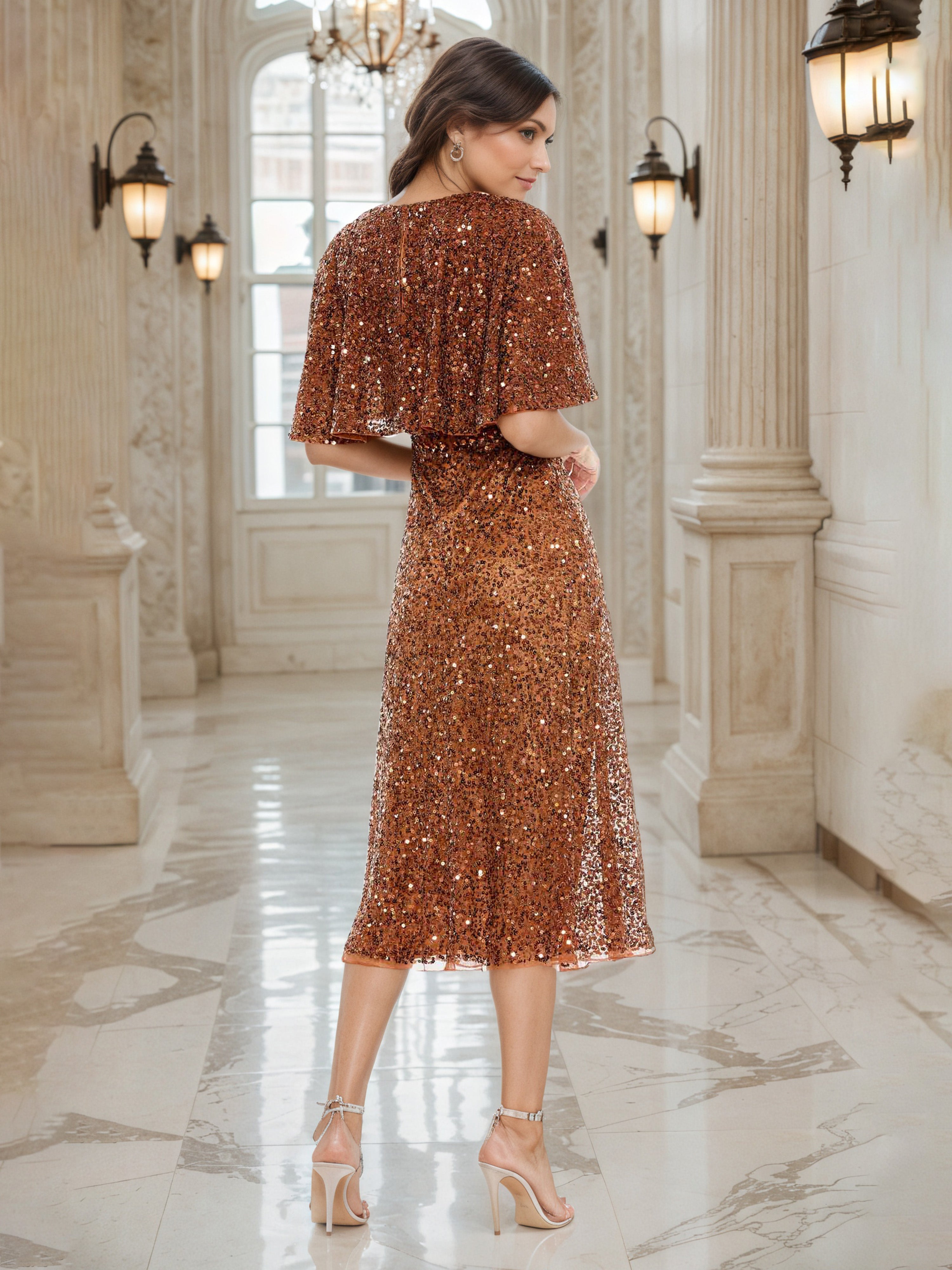 Terracotta A-Line Mother of the Bride Dress with an Embellished Waist and Sequin Accents