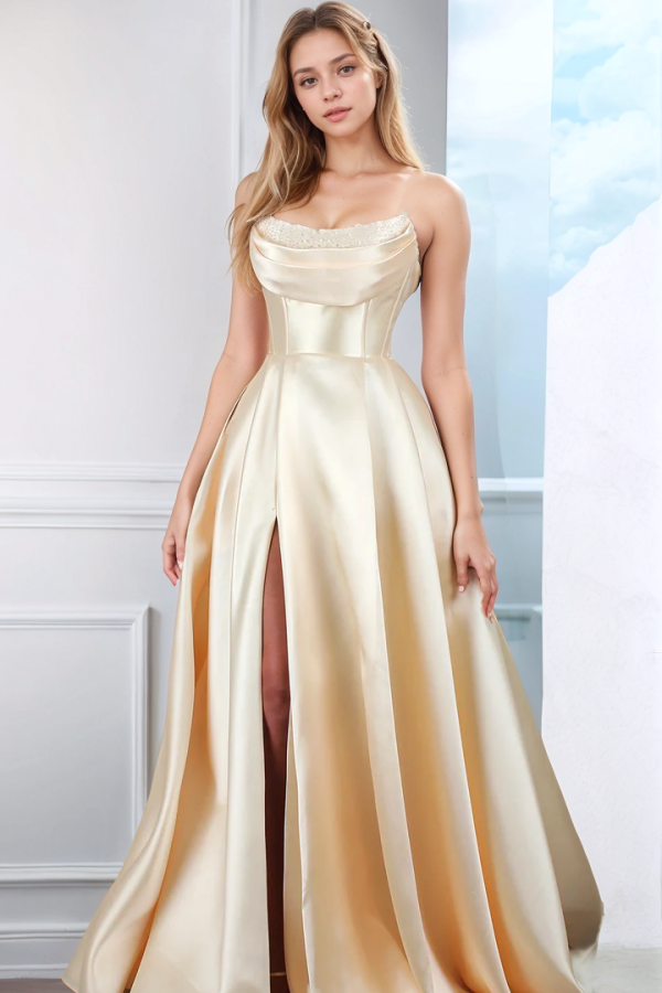 Sweet A-Line Boat Neck Sleeveless Sequins Pleated Prom Dresses Party Dress High Side Slit and Train Lace Up Formal Evening Dress