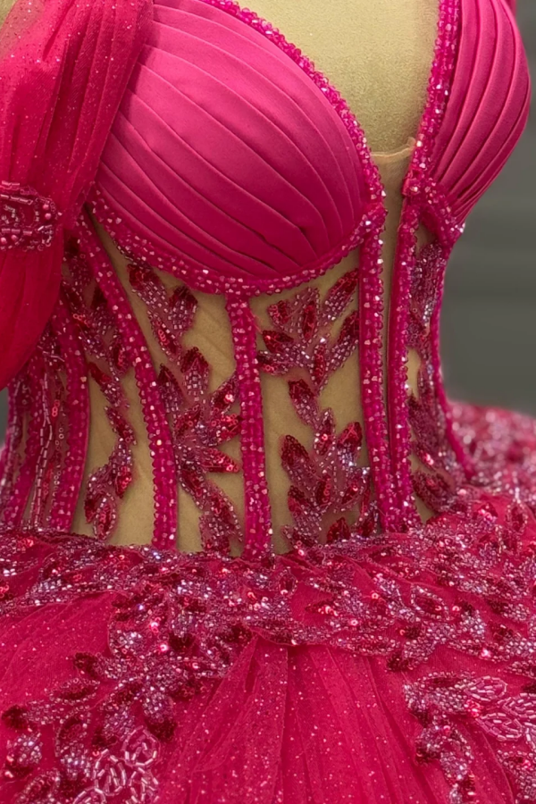 Ball Gown Off Shoulder Sleeveless Pleated Beaded Sequins Fuchsia Tulle Quinceanera Party Dress Birthday Party Gown for Sweet 16