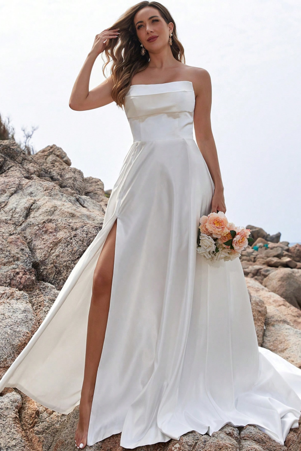 A-Line Strapless Sleeveless Pleated High Side Slit and Train Lace Up Satin Beach Wedding Dress Bride Gown