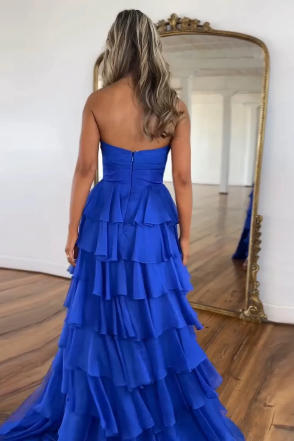 Simple A-Line Strapless Sleeveless Pleated Chiffon Tiered Floor Length Prom Dresses Dress Evening Party Gown