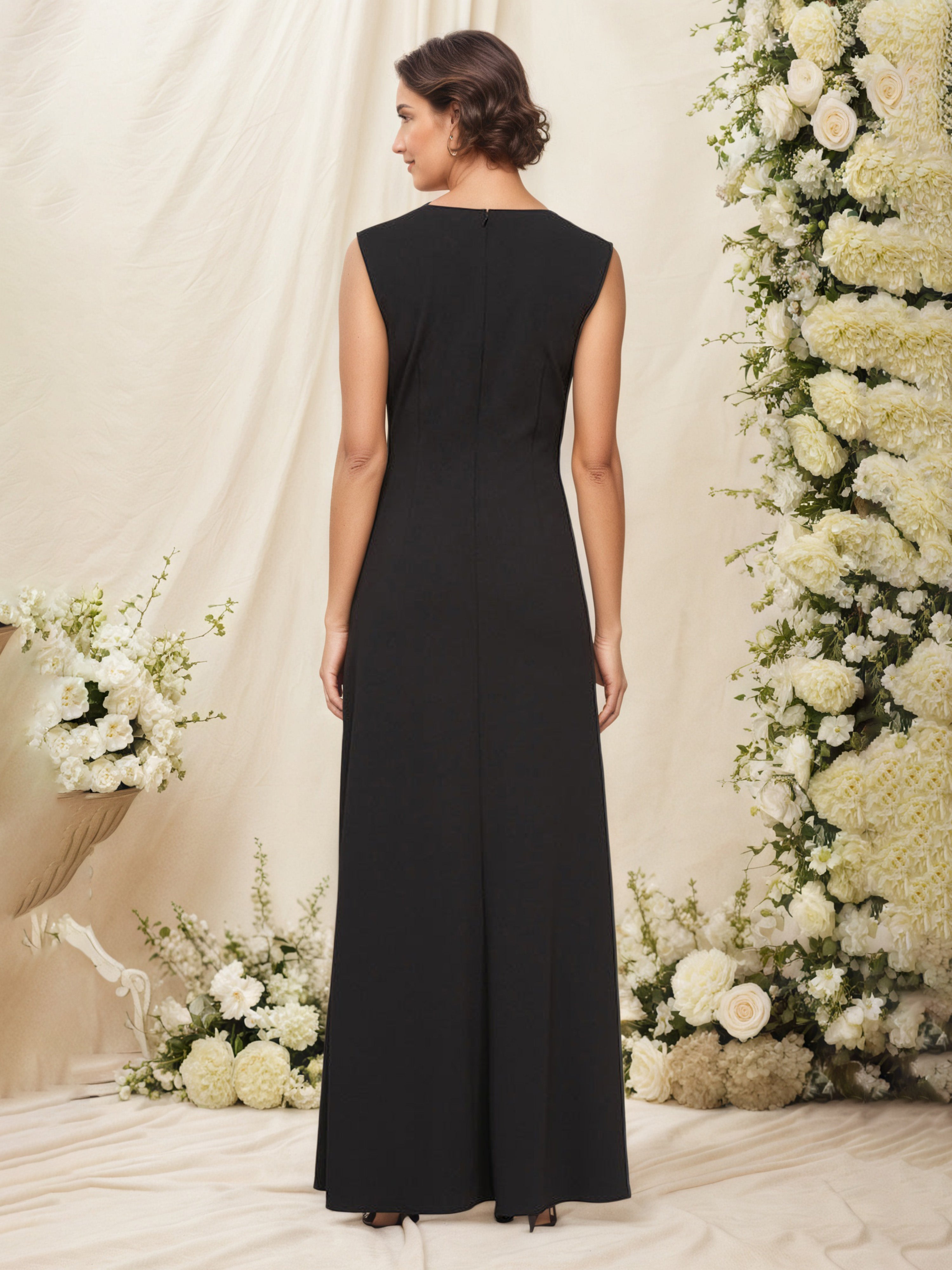 Black Square Neck Long Mother of the Bride Dress with Cascade Ruffles