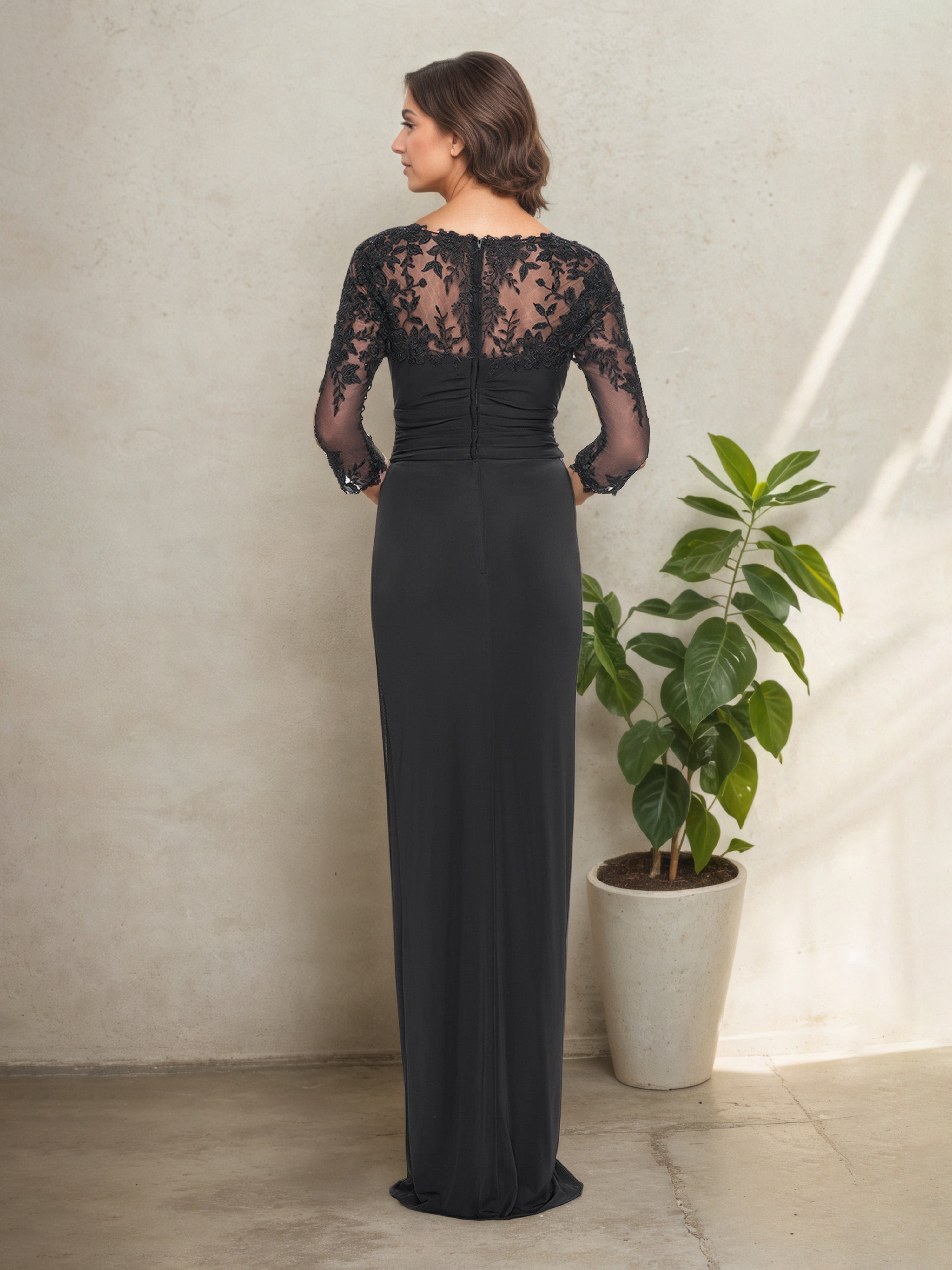 Black Square Neck Mother of the Bride Dress with Elegant Lace and Pleated Design