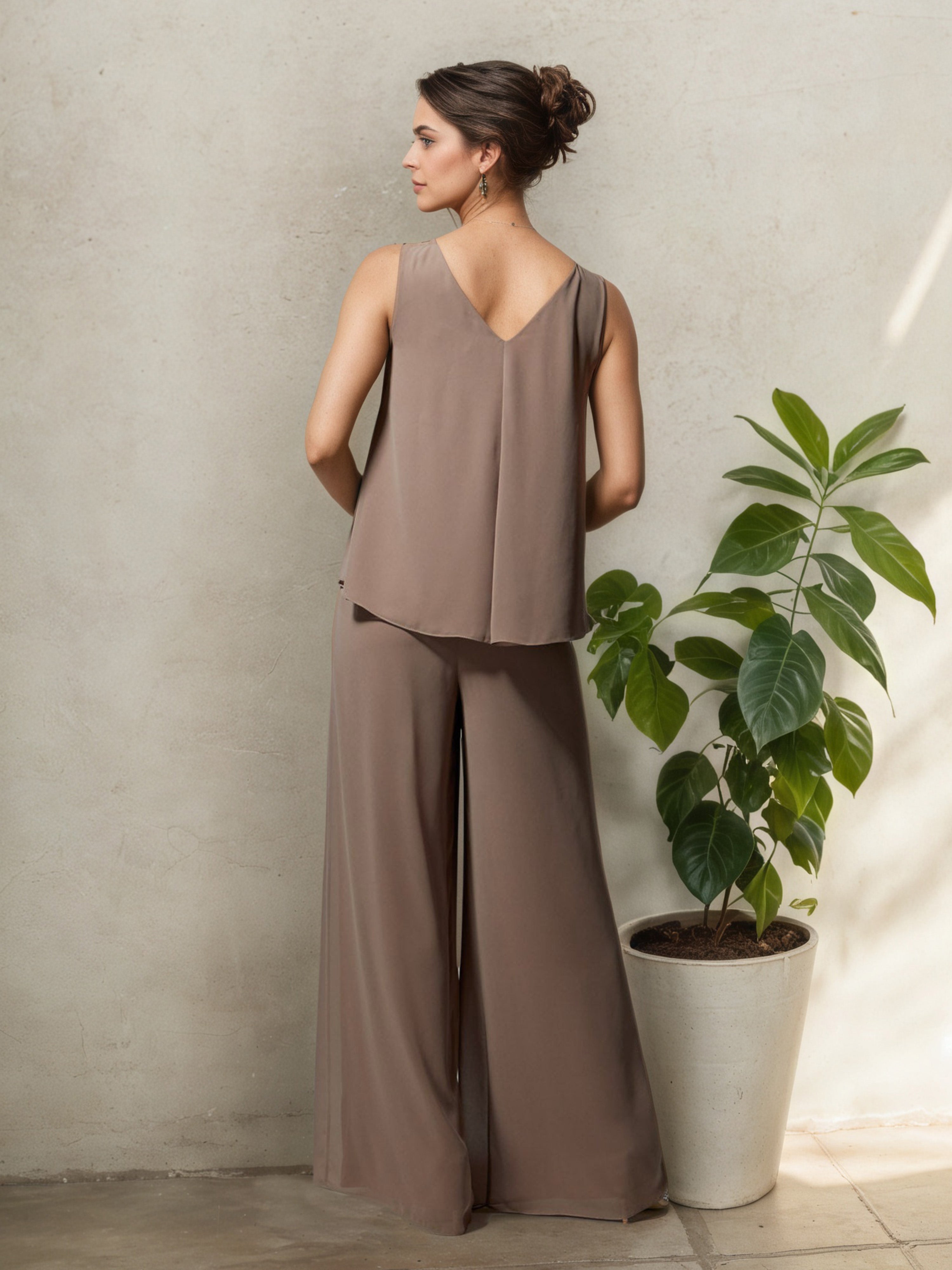 Taupe 3 Piece Mother of the Bride Pant Suit with Round Neck and Beaded Details