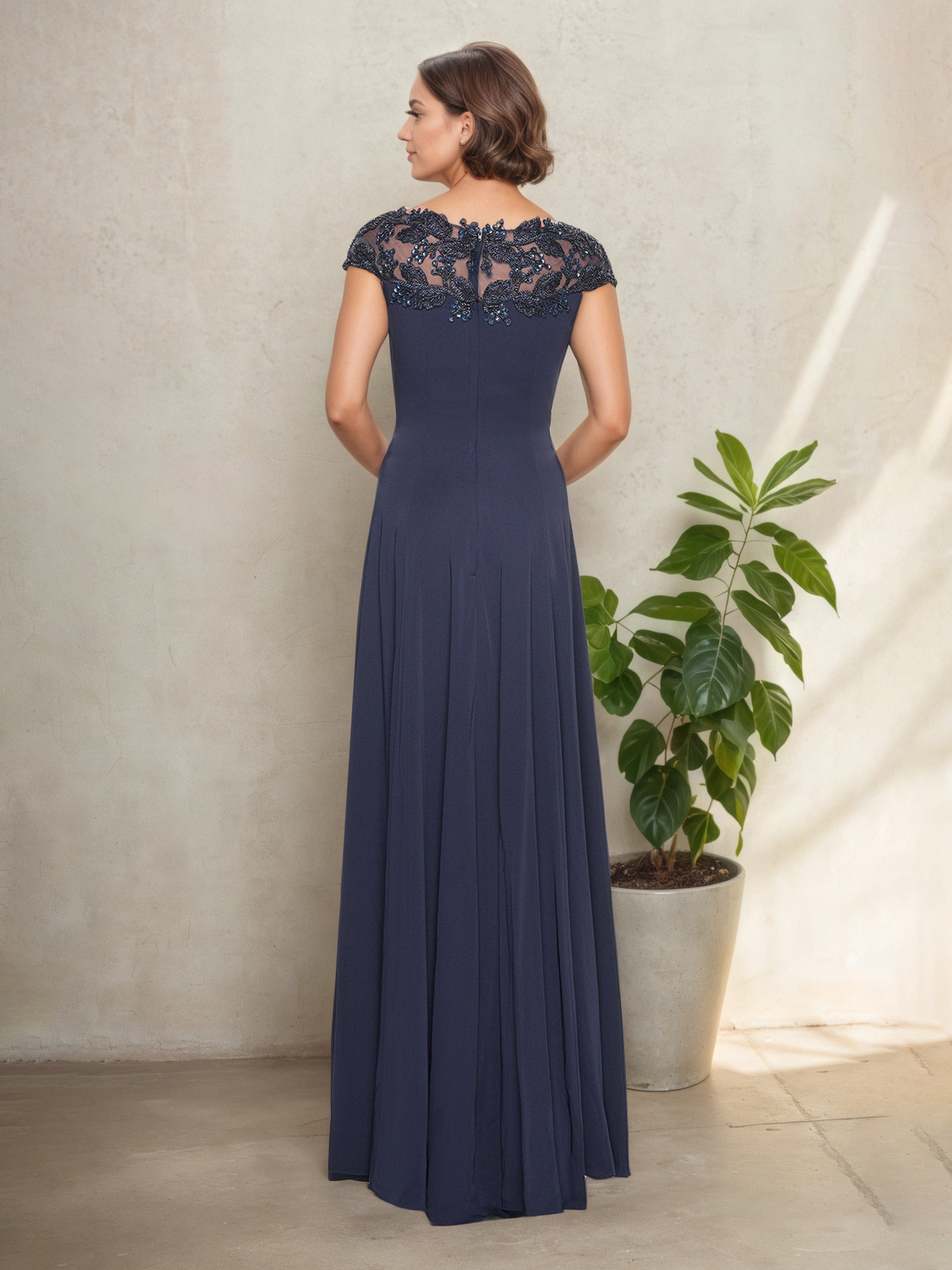 Gunmetal A-Line Mother of the Bride Dress with Round Neck and Cap Sleeves