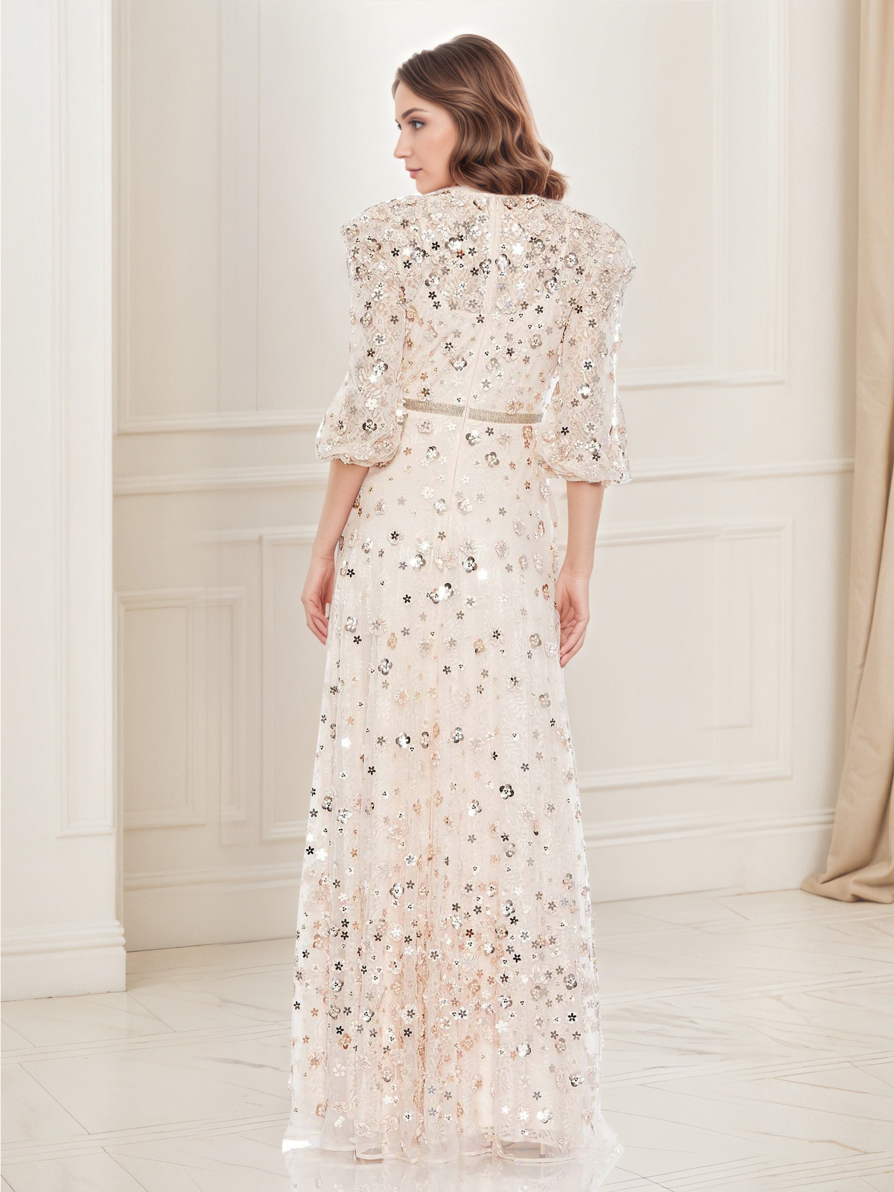 Champagne A-Line Mother of the Bride Dress with 3/4 Sleeves and Floral Applique Details