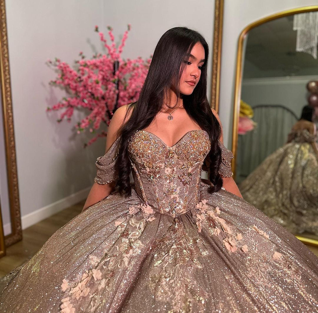 Elegant & Glitter Ball Gown Sweetheart Neck Off Shoulder Sweep Train Tulle Cocktail Party Gown Quinceanera Dress Princess for Sweet 16