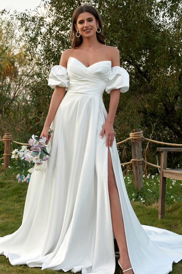 Simle & Elegant A-Line V Neck Detachable Short Lantern Sleeves Satin Wedding Dress Pleated Lace-Up Side Slit Bridal Gown