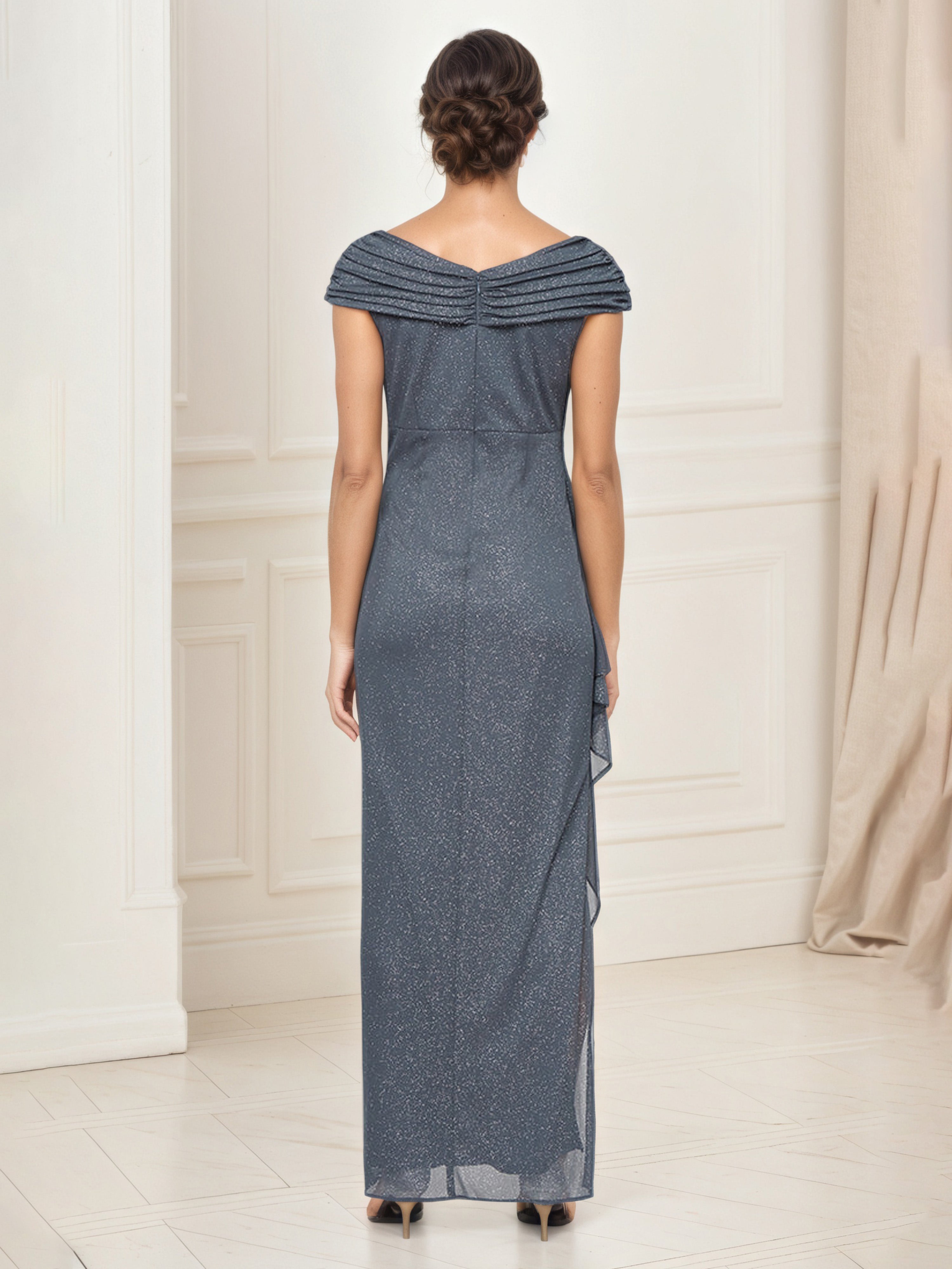 Steel Grey Glitter Mesh Ruched Sheath Mother of the Bride Dress