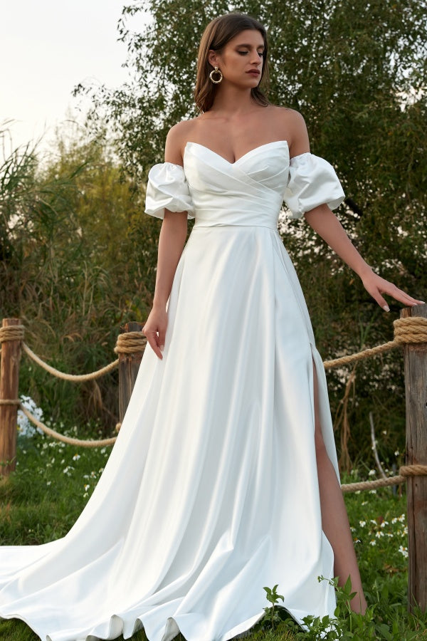 Simle & Elegant A-Line V Neck Detachable Short Lantern Sleeves Satin Wedding Dress Pleated Lace-Up Side Slit Bridal Gown