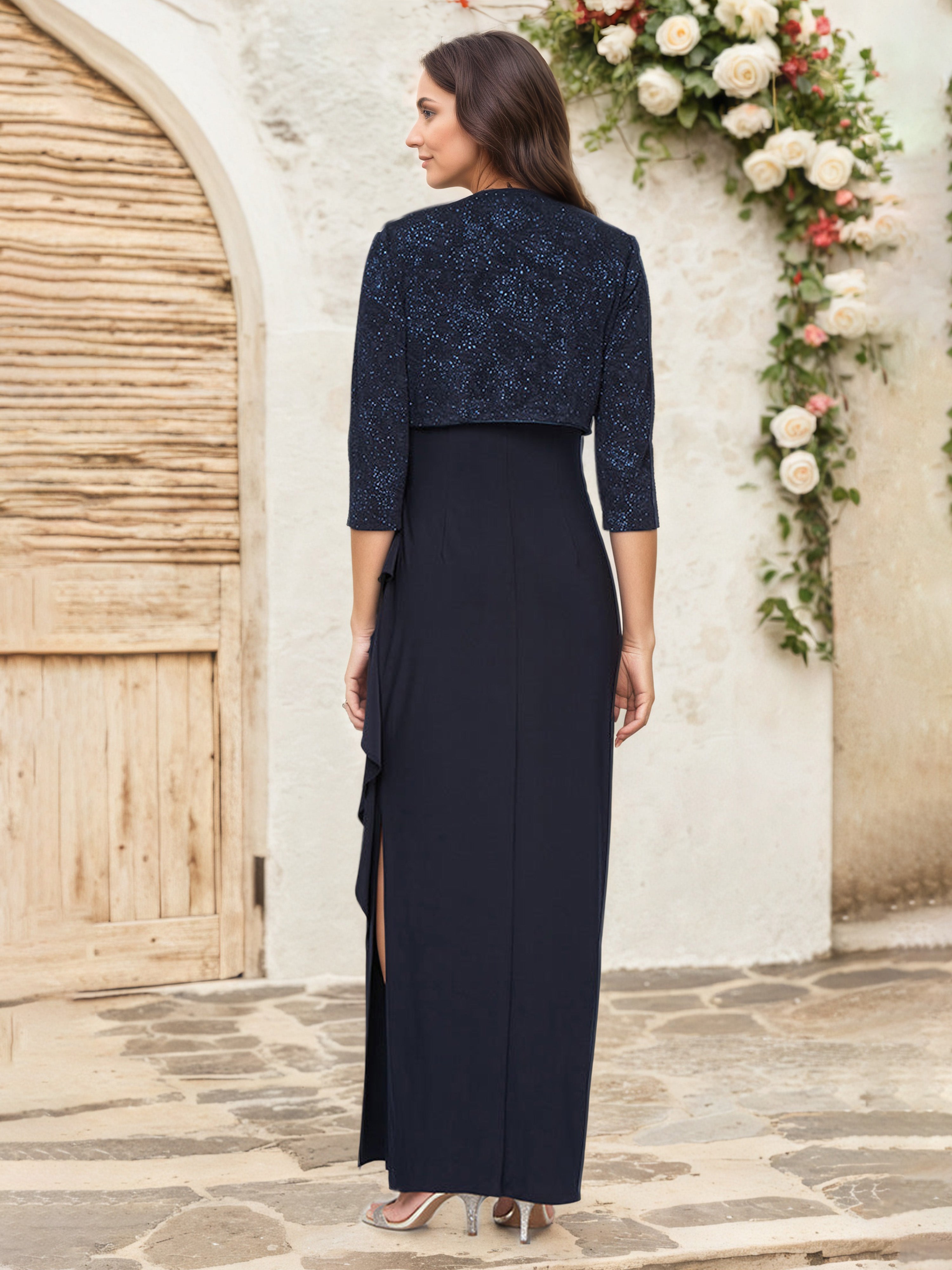 Dark Navy Sleeveless Glitter Empire Waist Long Mother of the Bride Dress with Matching Jacket