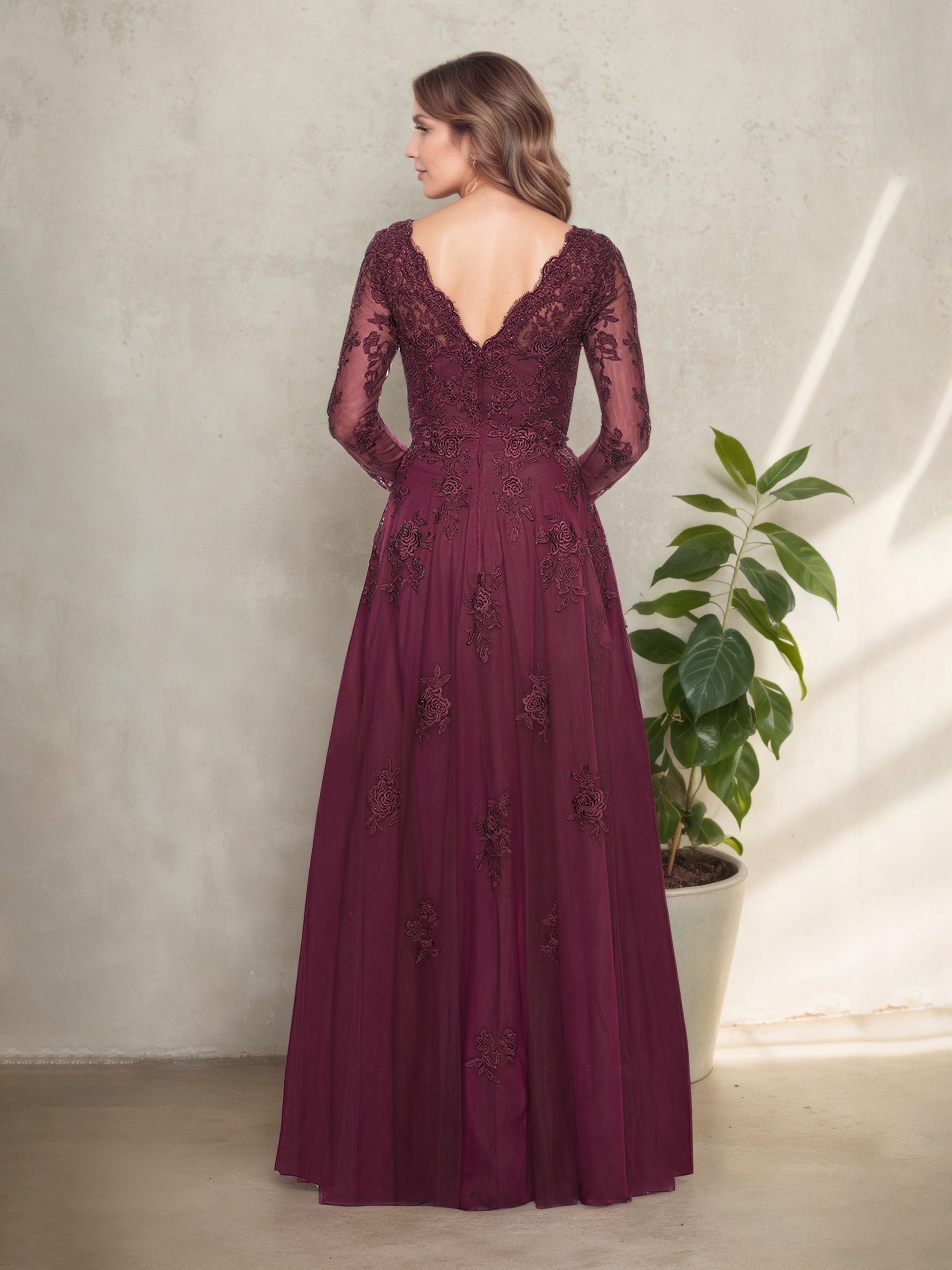 Mulberry Floor-Length Mother of the Bride Dress with Illusion V-Neck and Long Sleeves