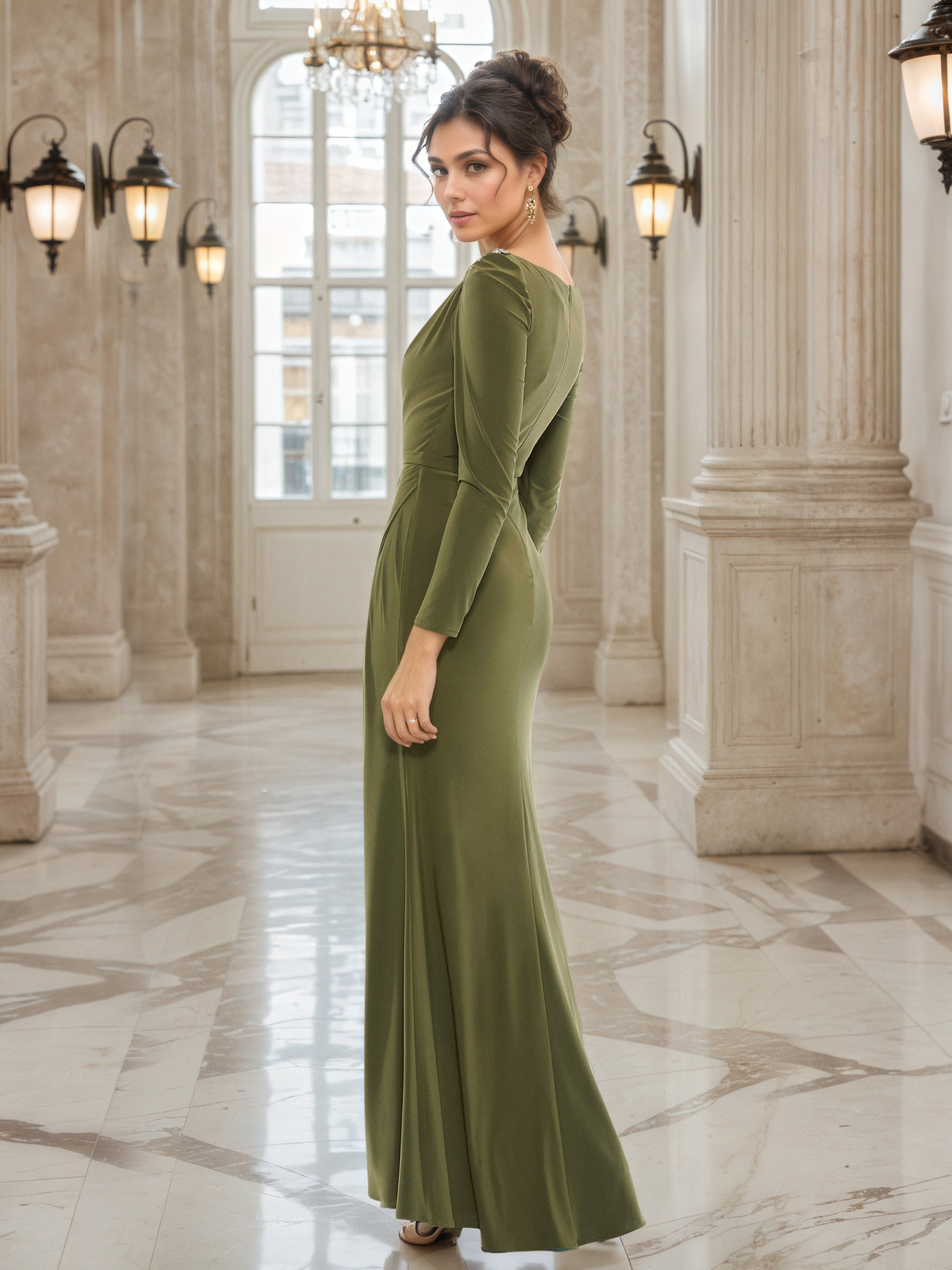 Olive Green Sheath Mother of the Bride Dress with Embellished Shoulders and Long Sleeves