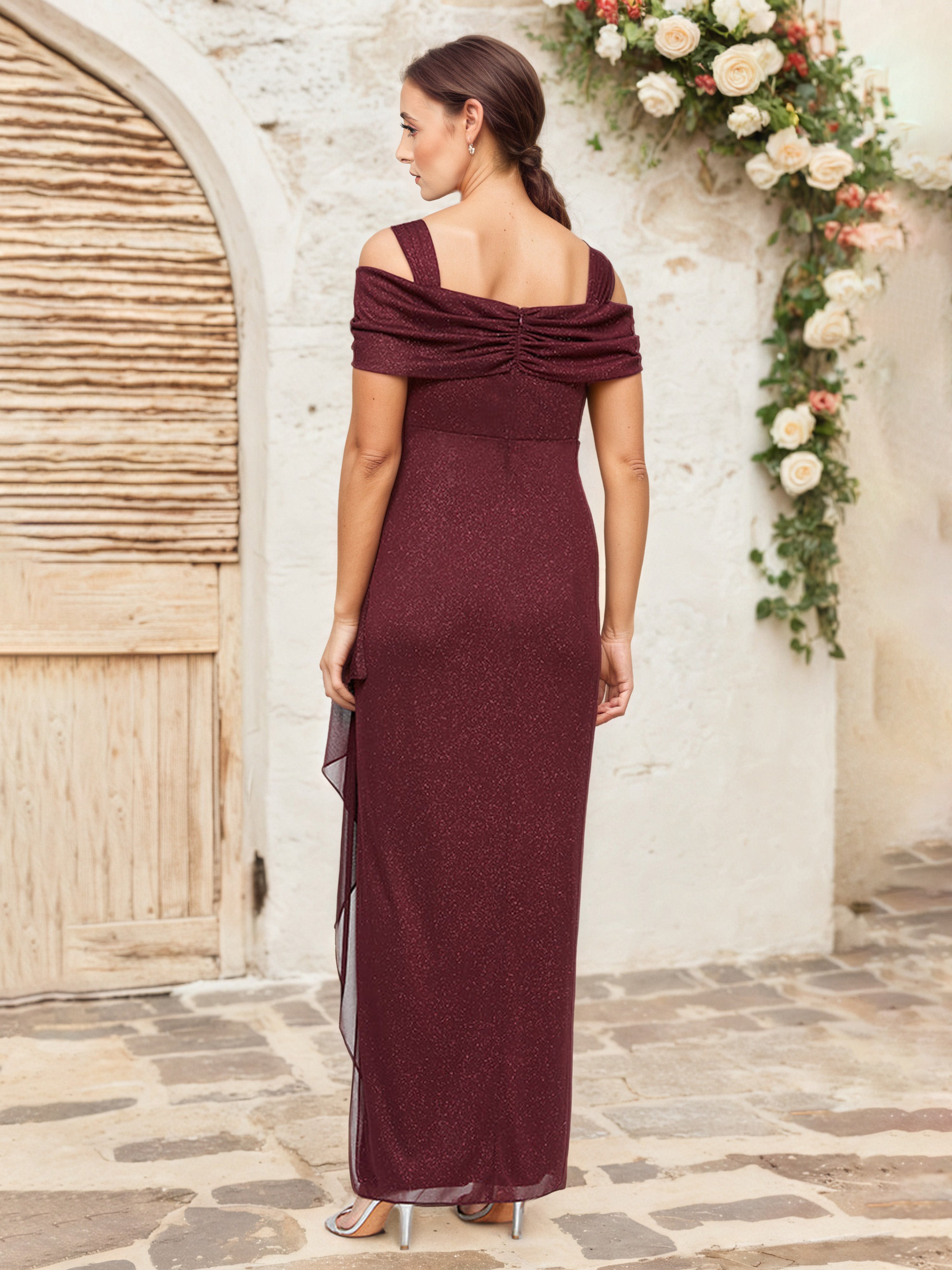 Burgundy Off-the-Shoulder Glitter Mother of the Bride Dress with Cowl Neckline and Ruffle Details