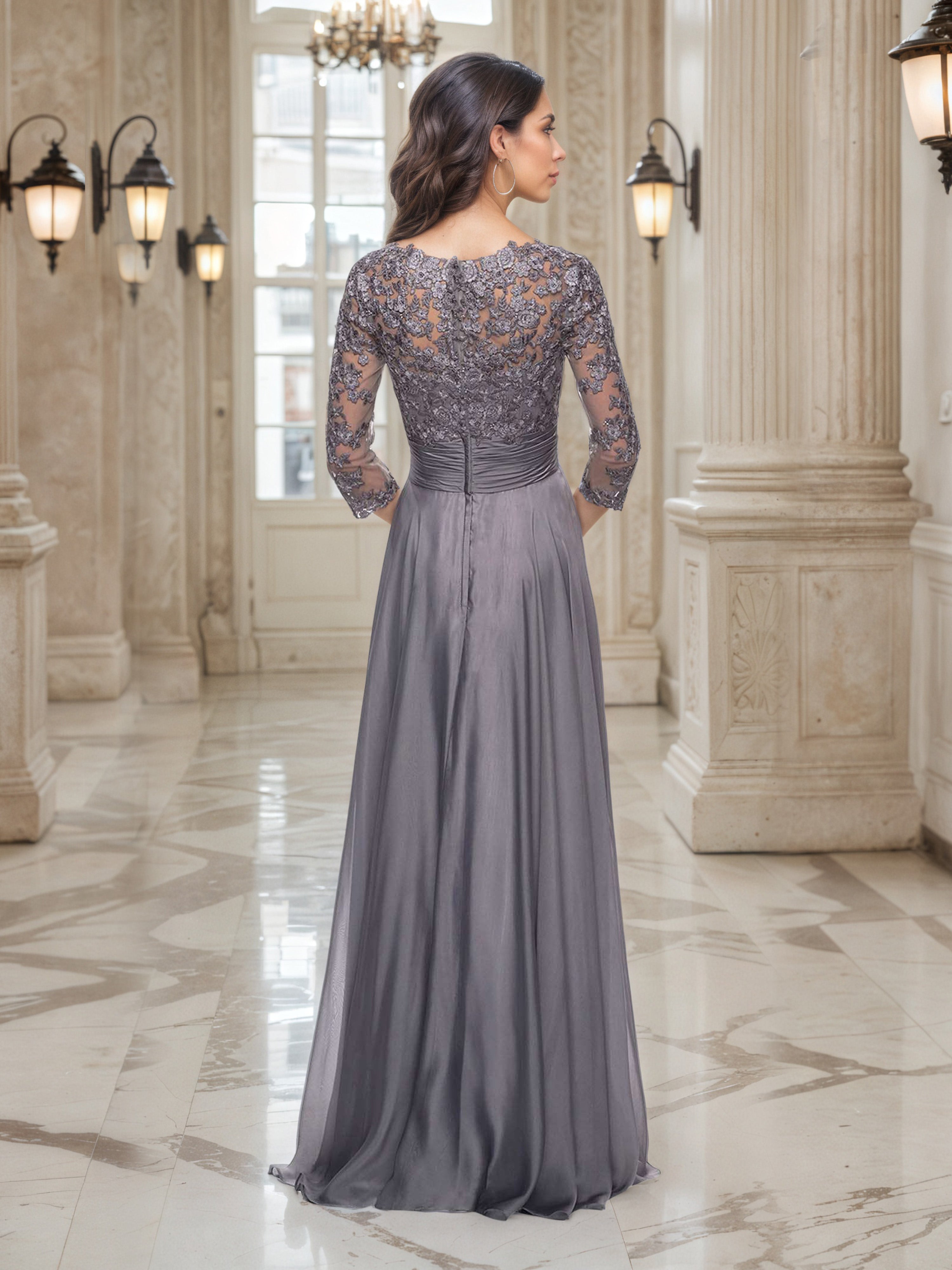 Steel Grey A-Line Mother of the Bride Dress with 3/4 Lace Sleeves and a V-Neckline