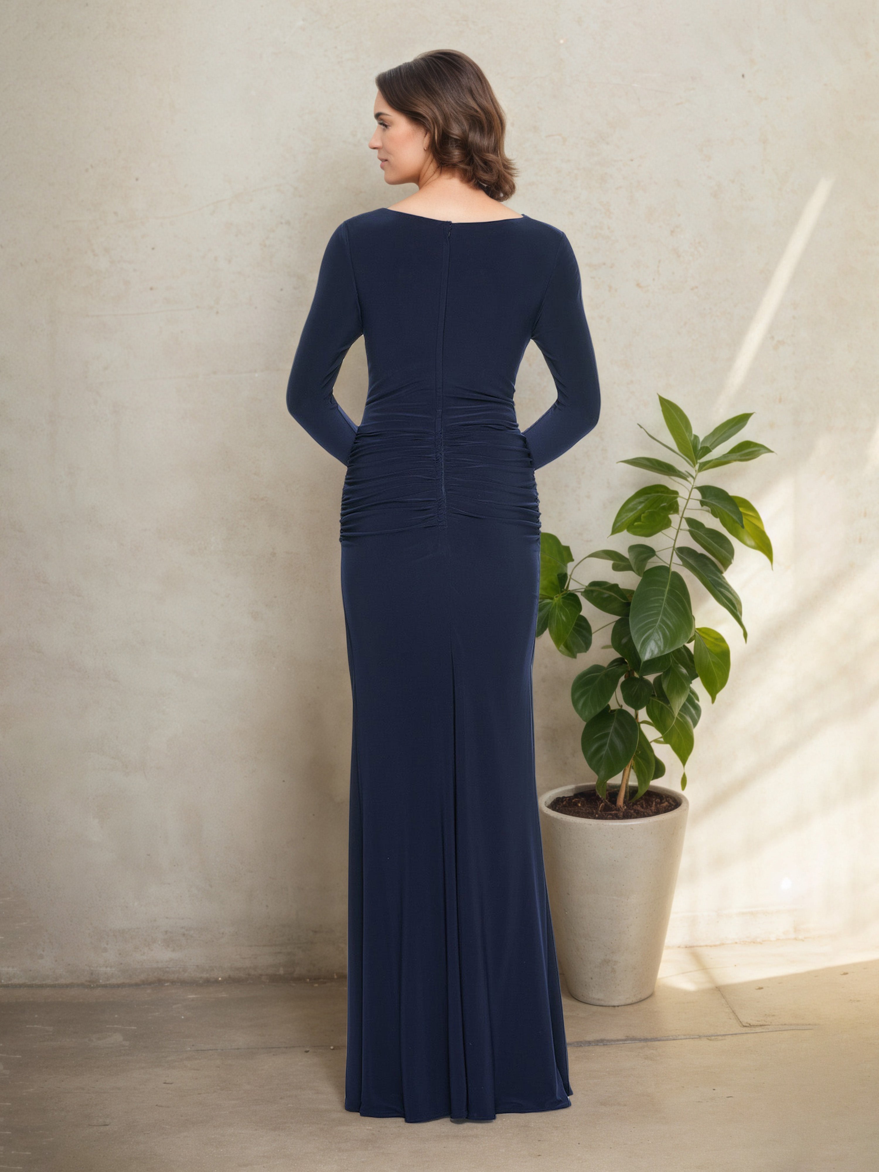 Dark Navy Long Sleeve Cowl Neck Sheath Floor-Length Mother of the Bride Dress