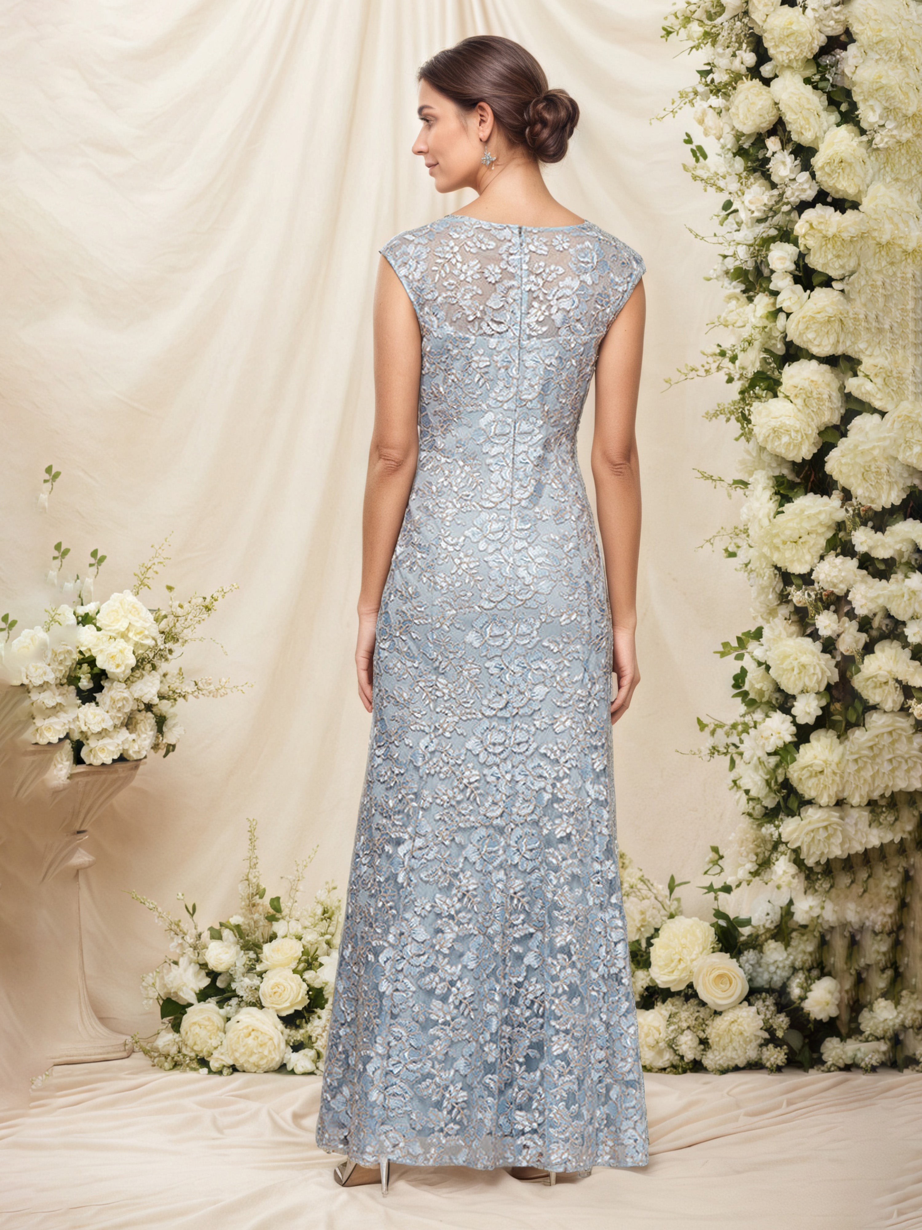 Mist Fitted Lace Embroidered Mother of the Bride Dress with Cap Sleeves and Matching Shawl